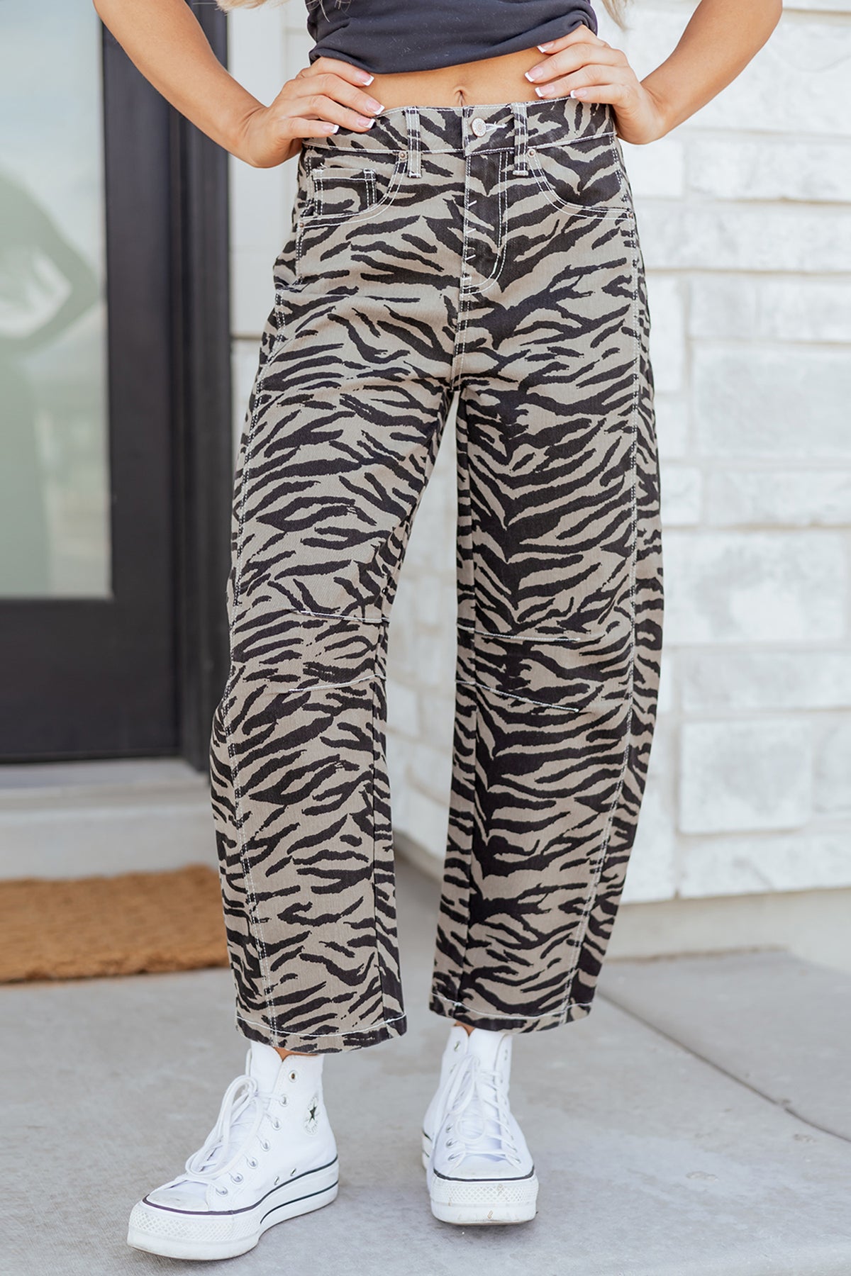 Zebra Printed Wide Leg Barrel Jeans