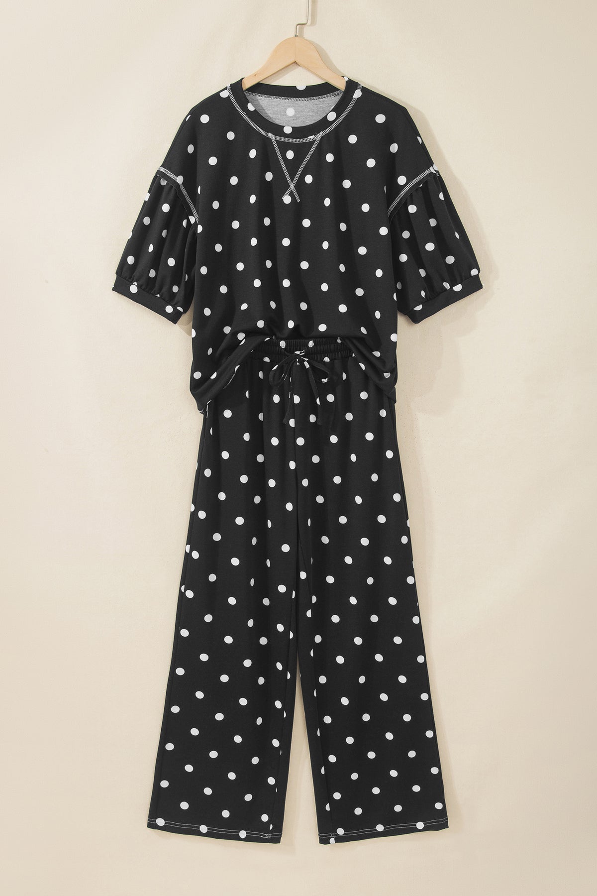 Black Polka Dot Half Sleeve Loose Top Elastic Waist Casual Pants Set