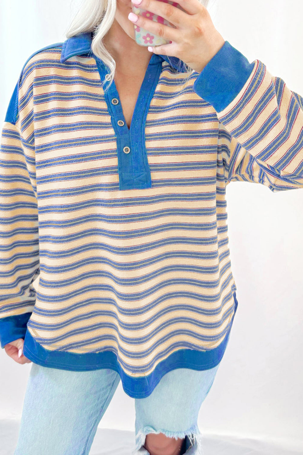 Pink Stripe V Neck Collared Shoulder Top