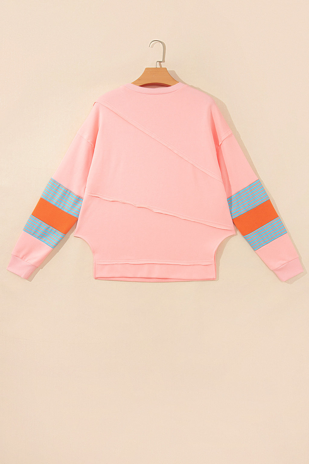 Pink Colorblock Striped Patchwork Raw Detail Long Sleeve Top