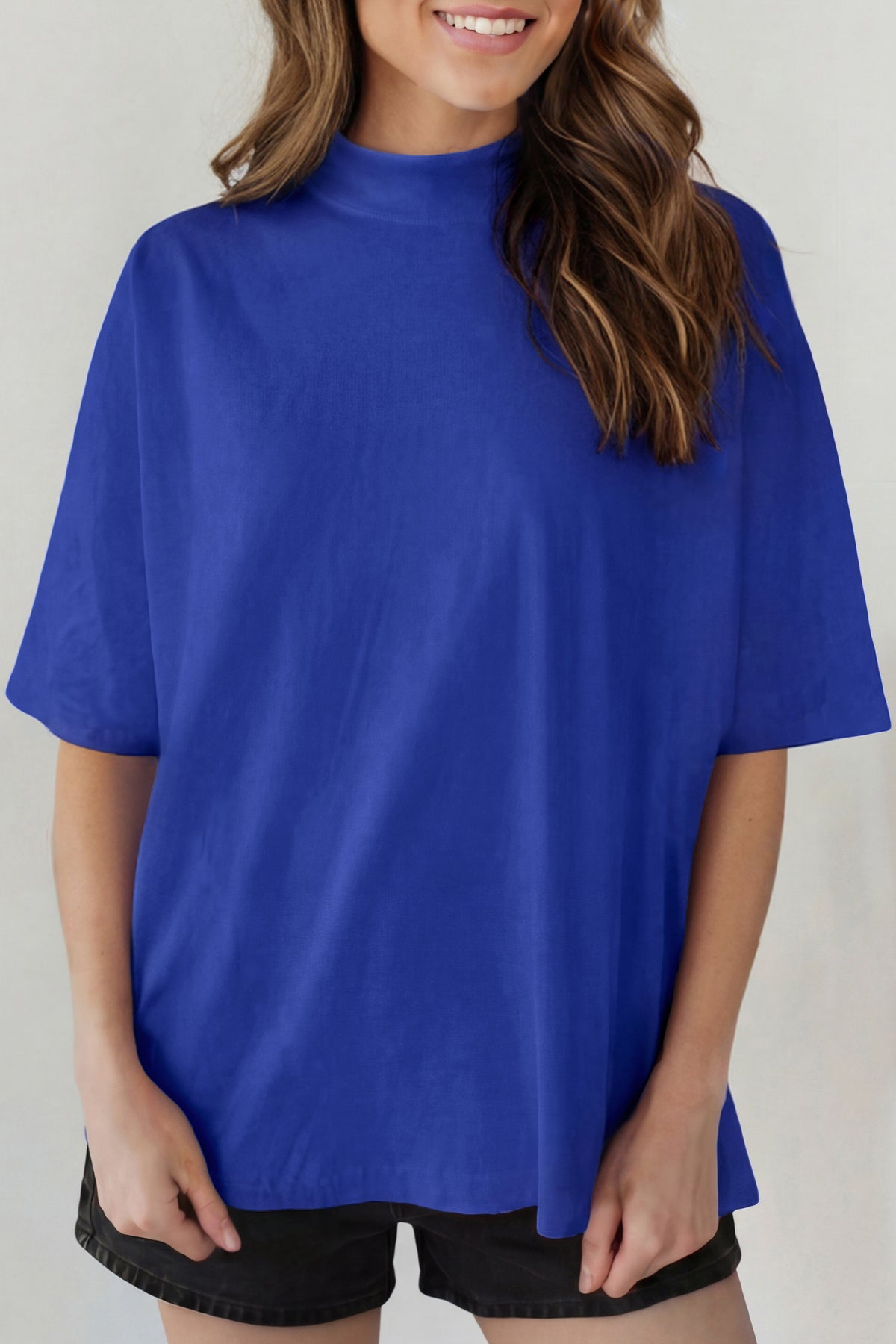 Pink Solid Color High Neck Oversize Tee