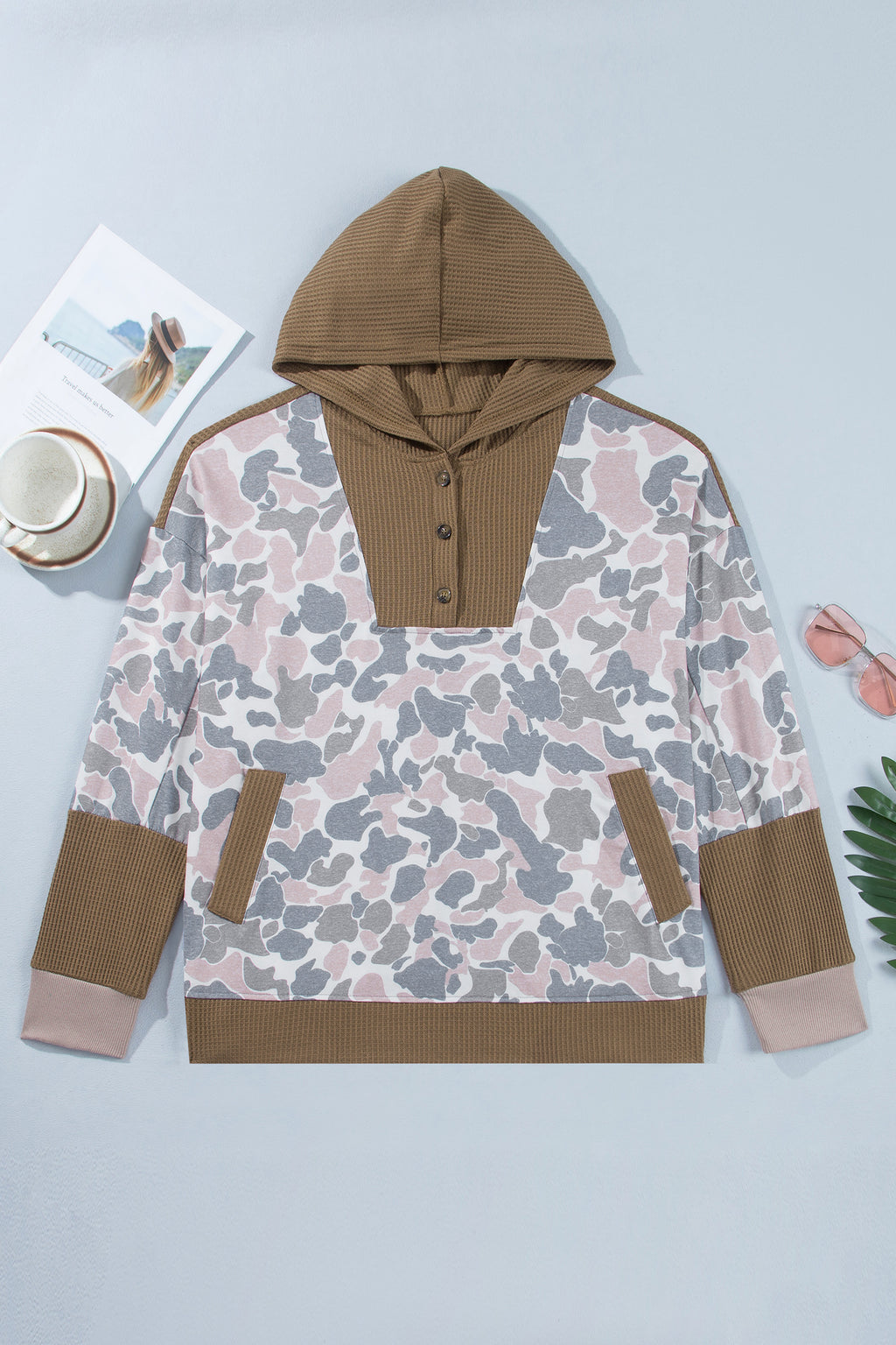 Khaki Camouflage Print Waffle Knit Patchwork Half Zip Plus Size Hoodie