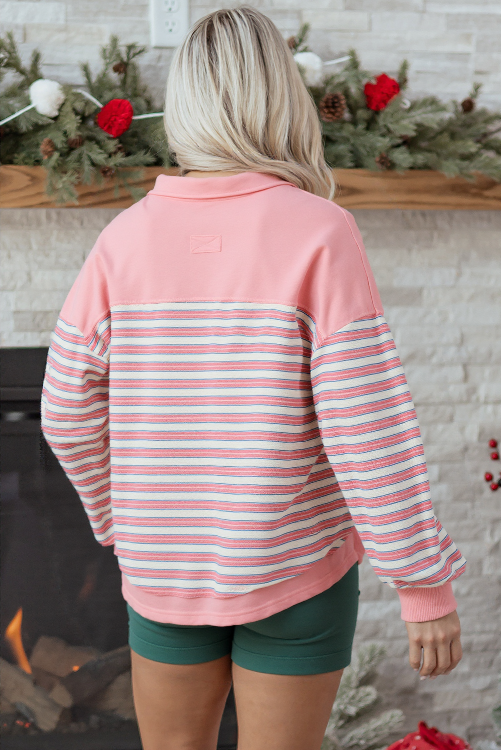 Pink Stripe V Neck Collared Shoulder Top