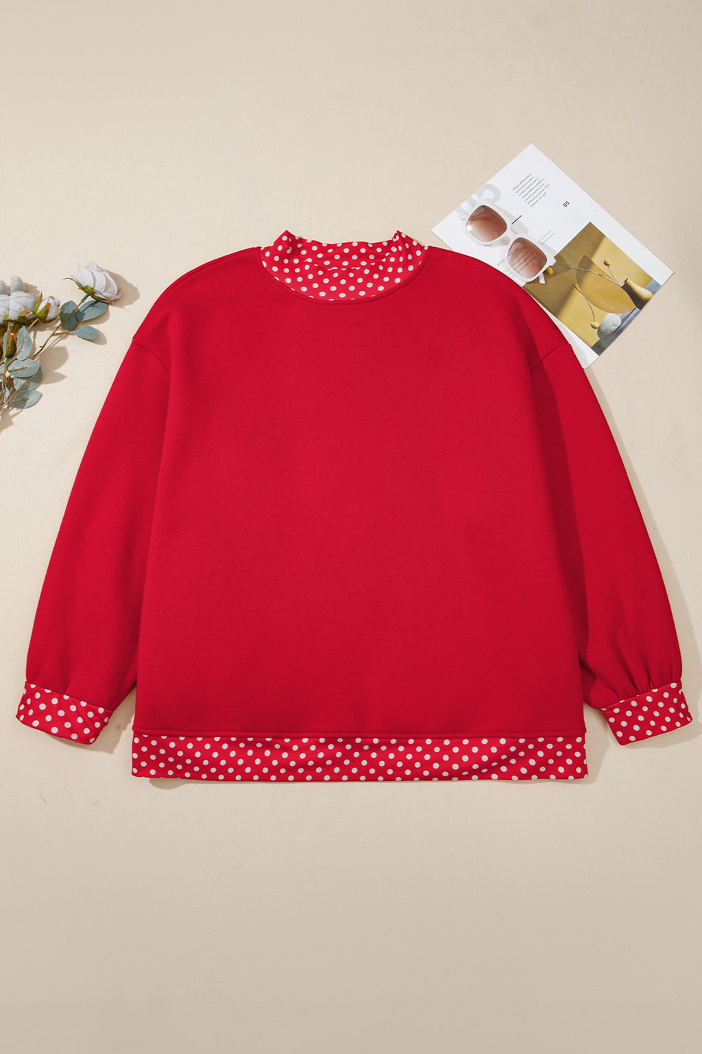 Dirty blue Polka Dot Patchwork Round Neck Plus Size Sweatshirt