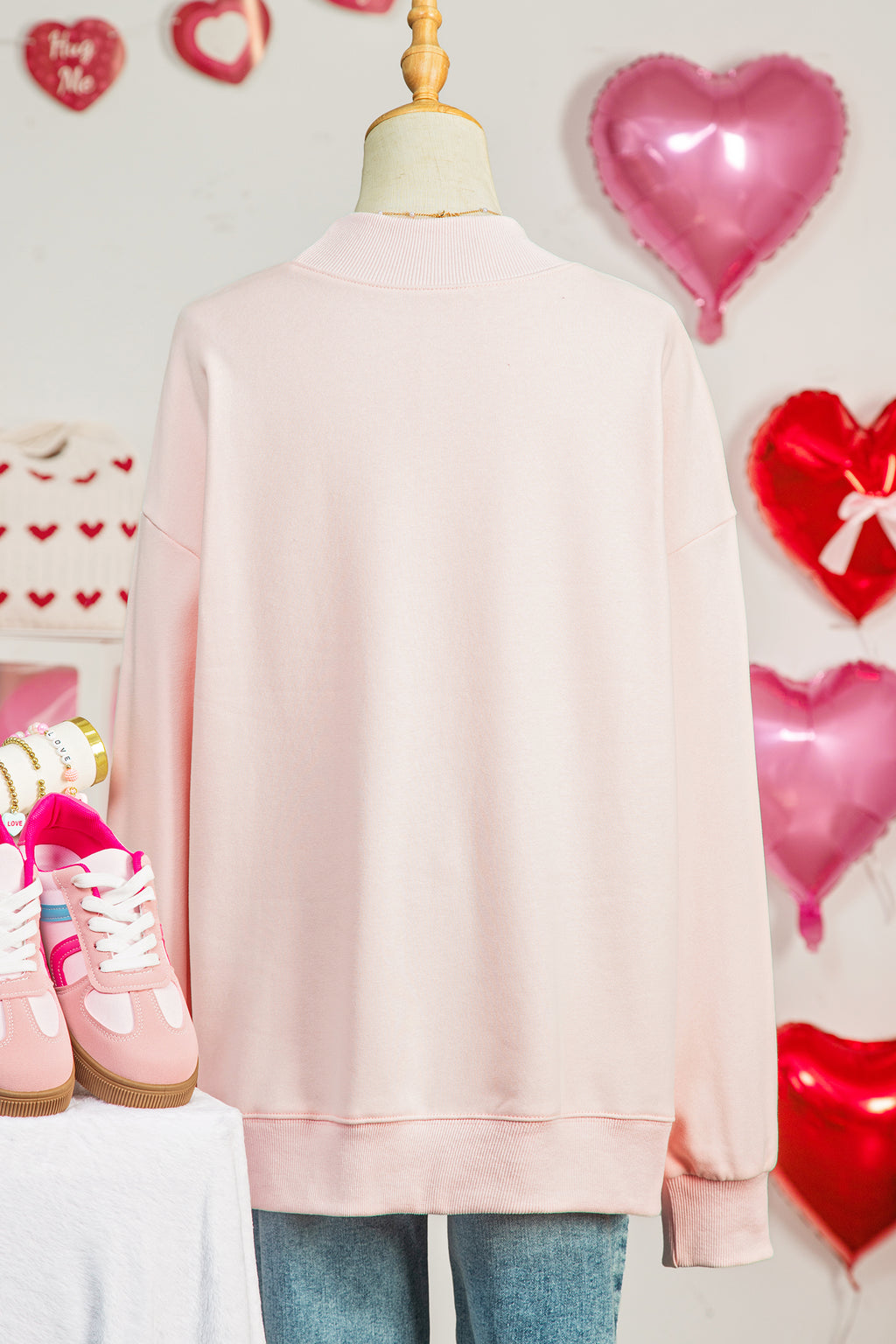 Apricot Pink Valentines Bow Heart Embroidered Sweatshirt