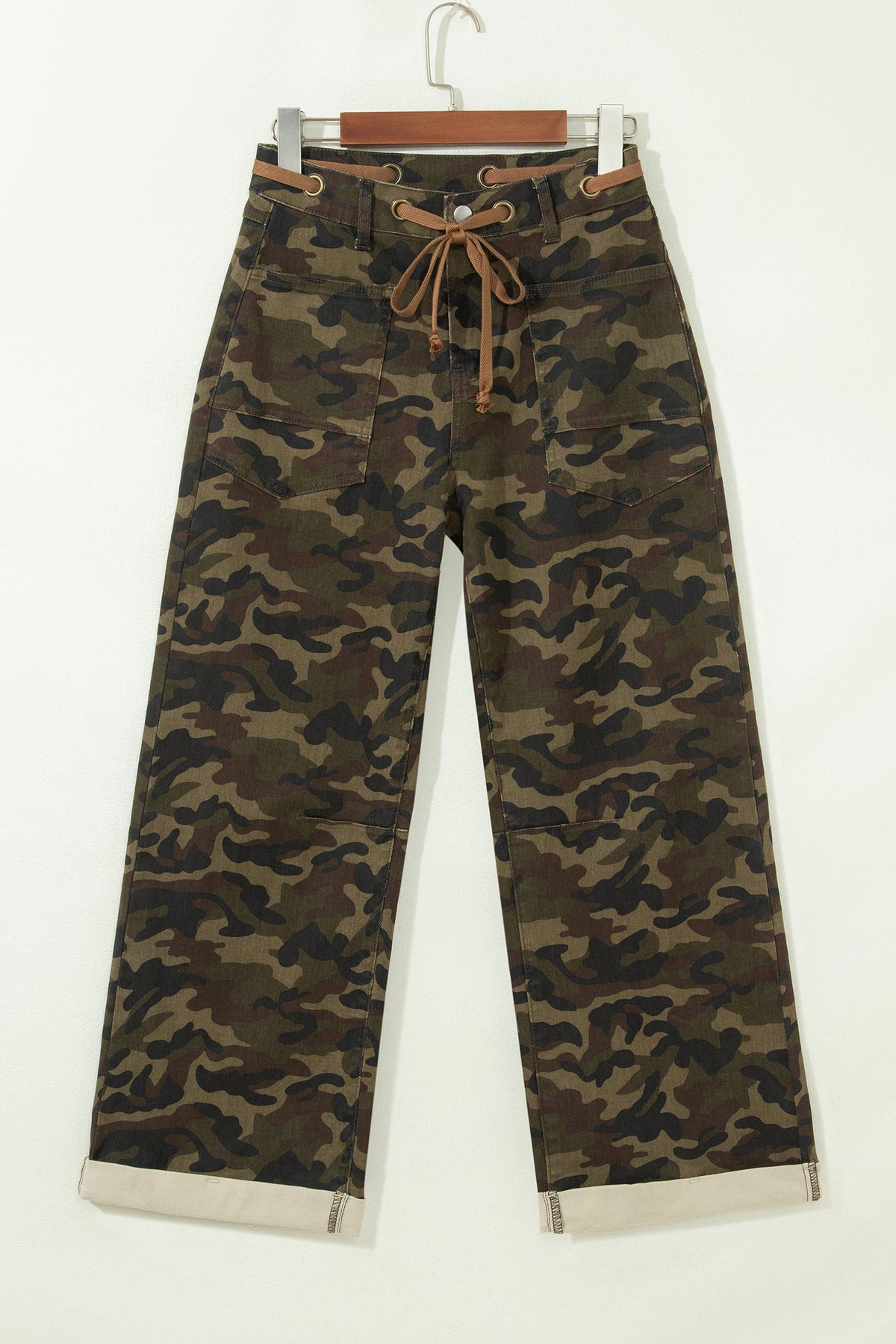 Multicolour Camouflage Print Retro Grommet Tie Waist Loose Jeans