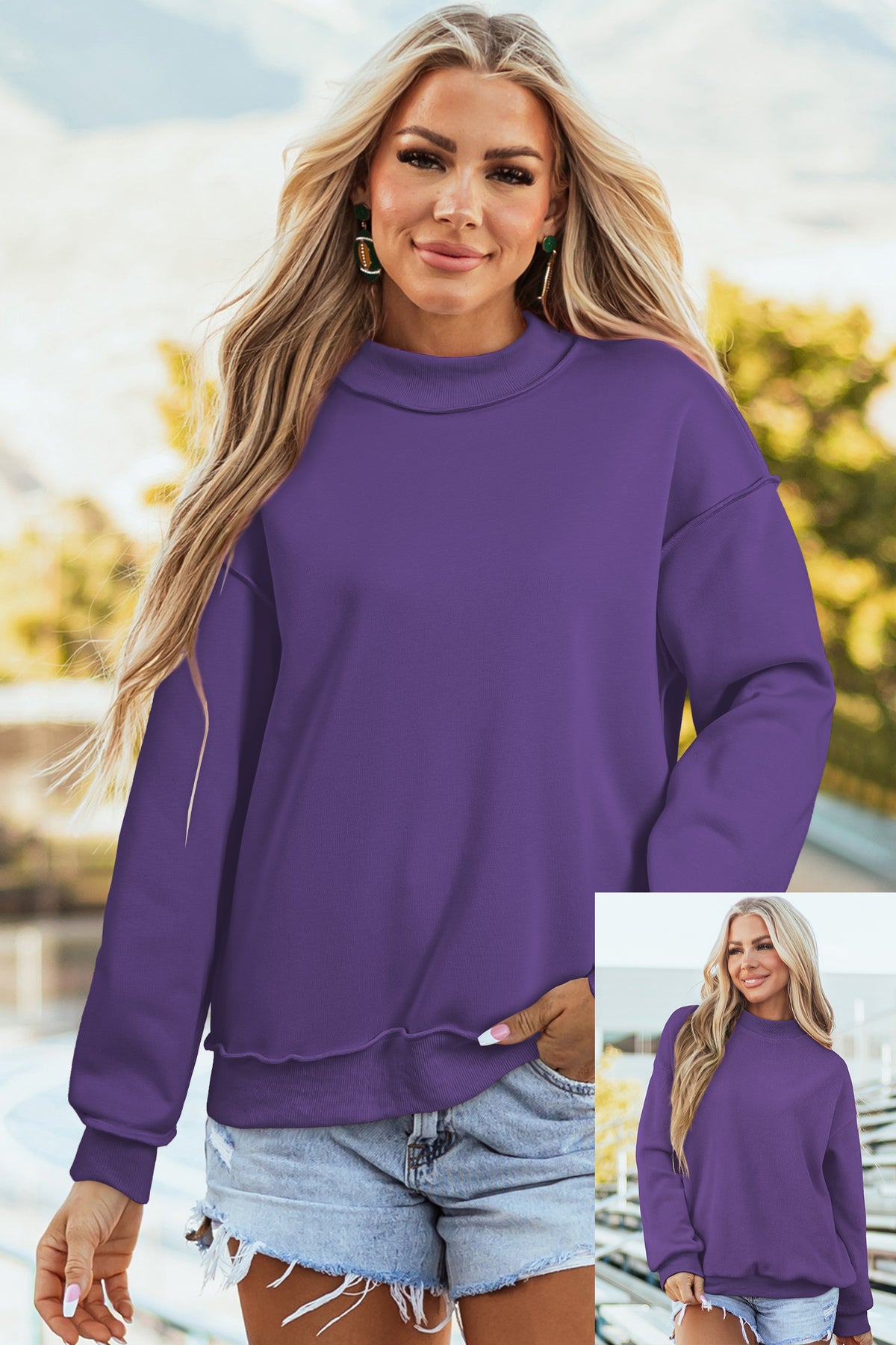 Bright Pink Oversize Drop Shoulder Reversible Mock Neck Sweatshirt