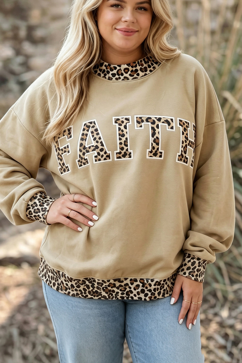 Coffee Plus Size Polka Dot Trim Mock Neck BLESS Graphic Sweatshirt