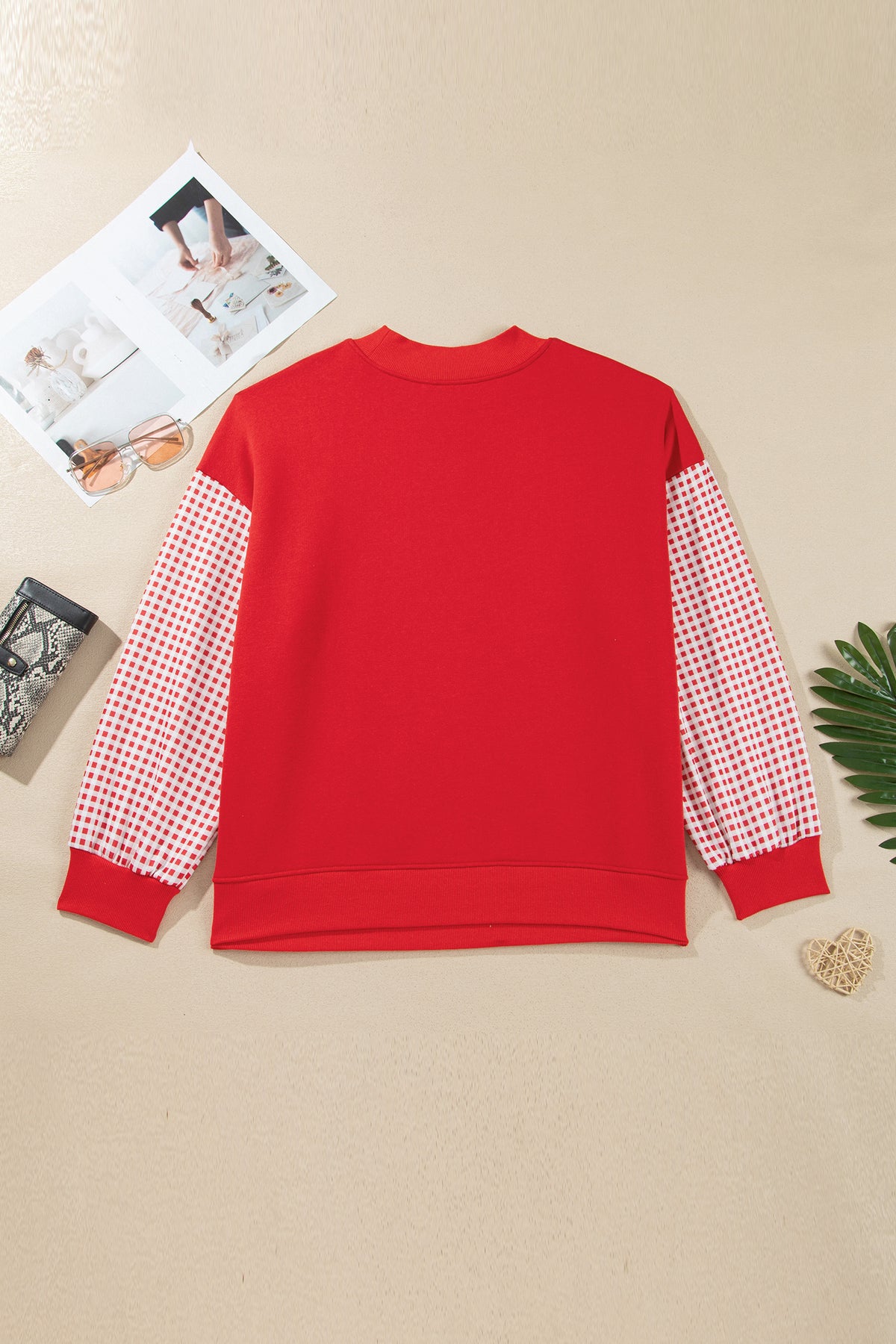 Fiery Red Patchwork Plaid Loose Fit Long Sleeve Plus Size Sweatshirt
