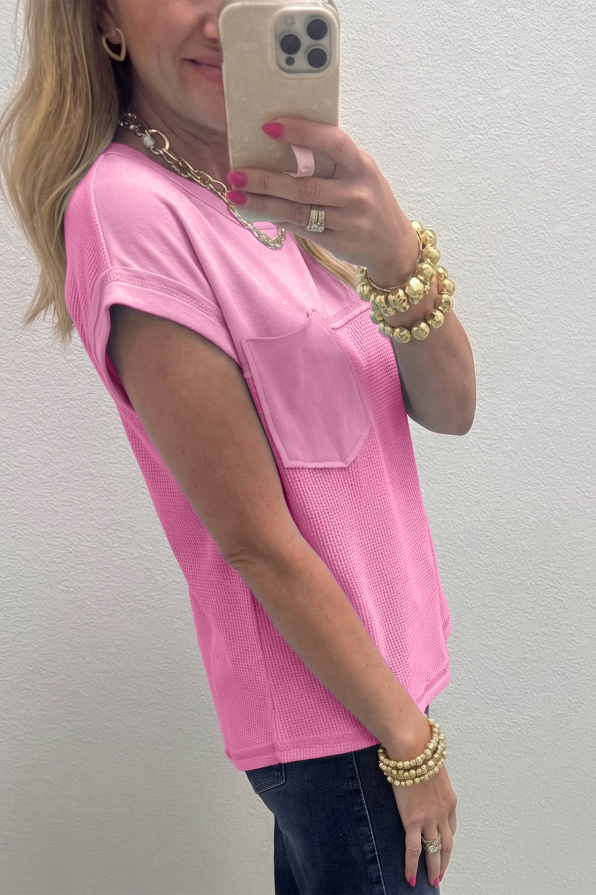 Pink Solid Patchwork Casual T Shirt