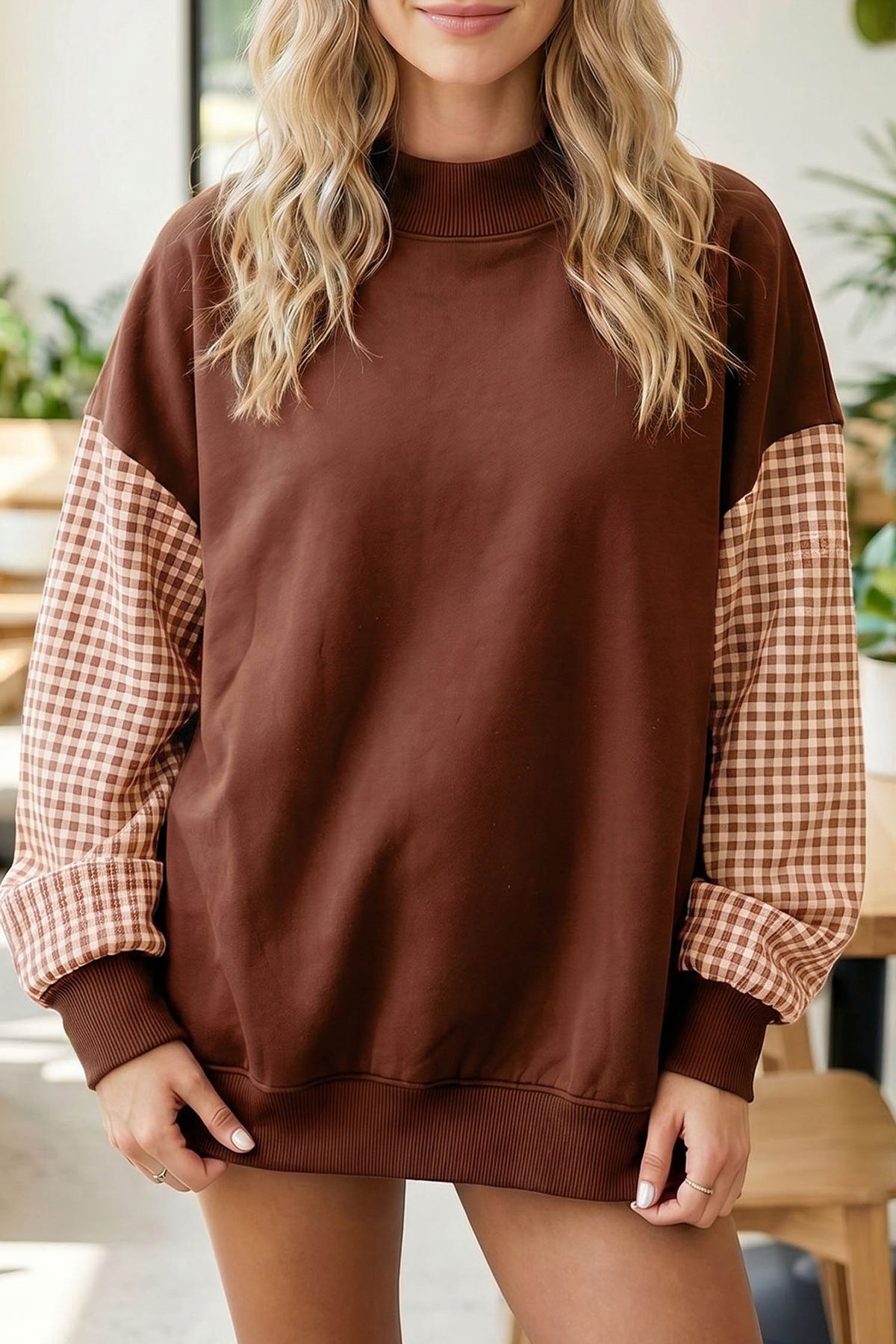 Russet Orange Plaid Sleeve Colorblock Loose Tunic Sweatshirt