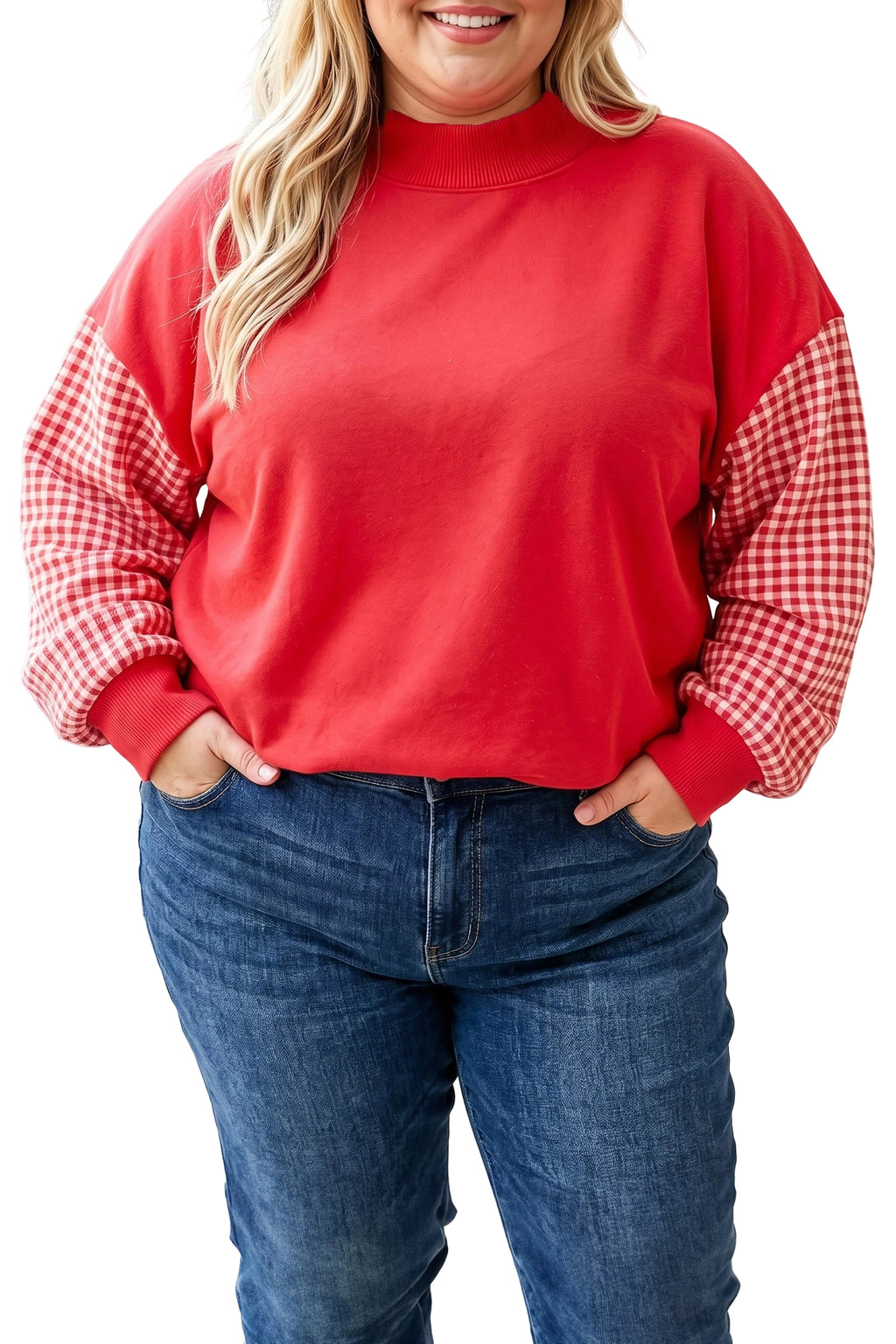 Fiery Red Patchwork Plaid Loose Fit Long Sleeve Plus Size Sweatshirt