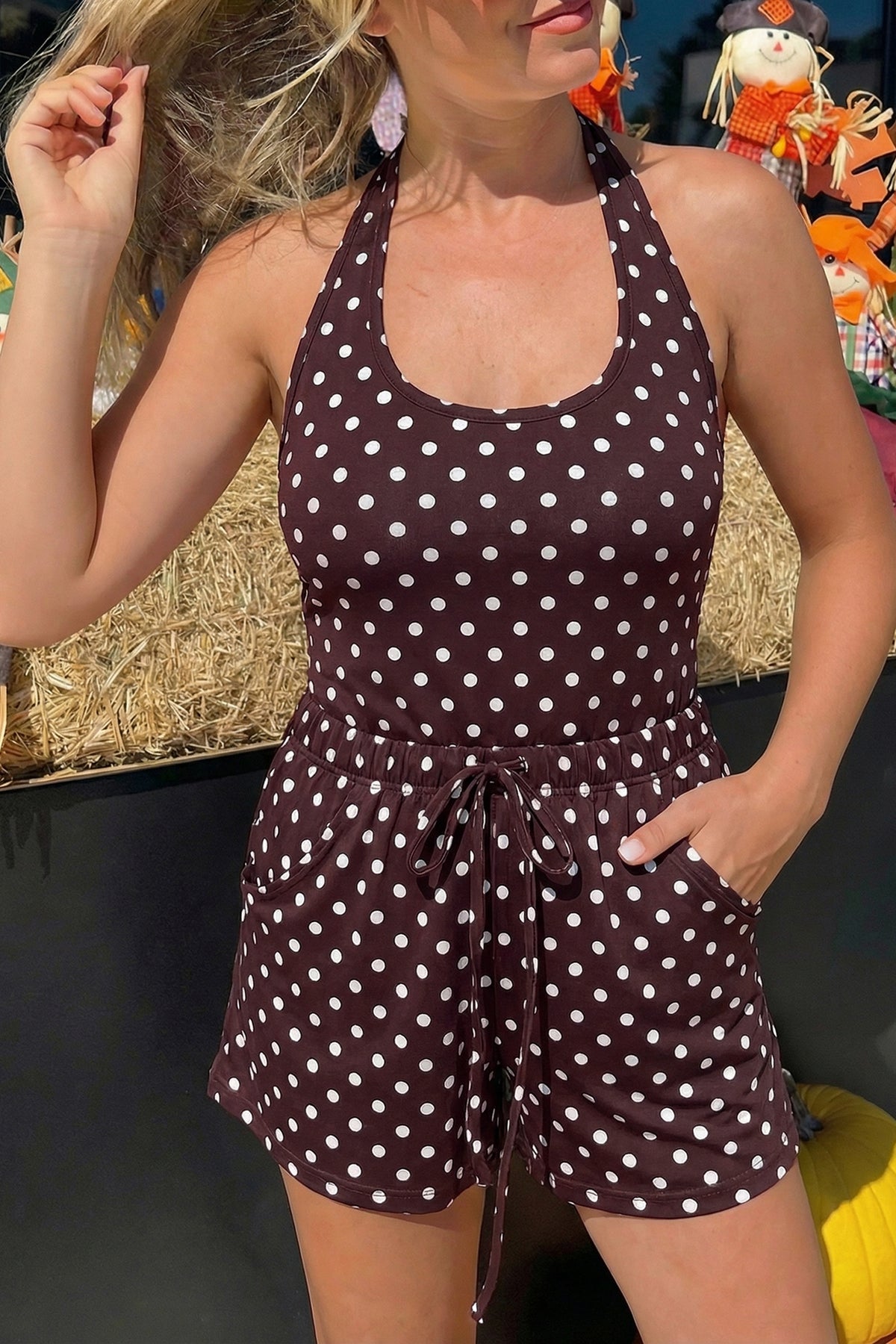 Pink Polka Dot Halter Tank Drawstring Elastic Waist Short Set