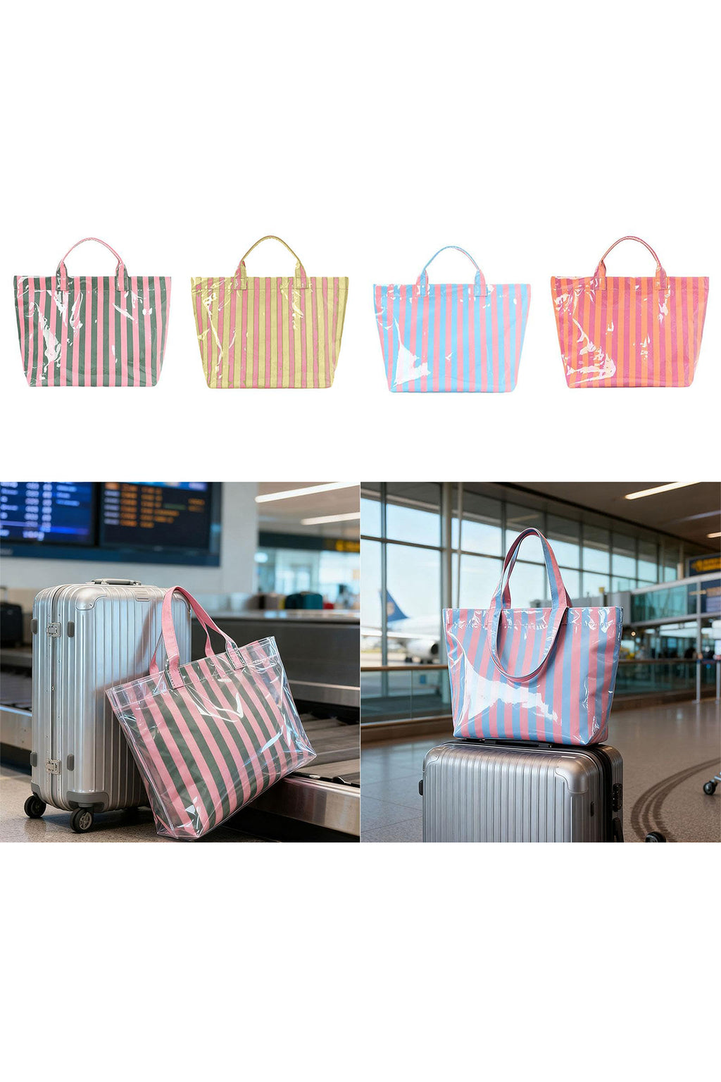 Pink Glossy Striped Vinyl Large Tote Bag (Color Varied)