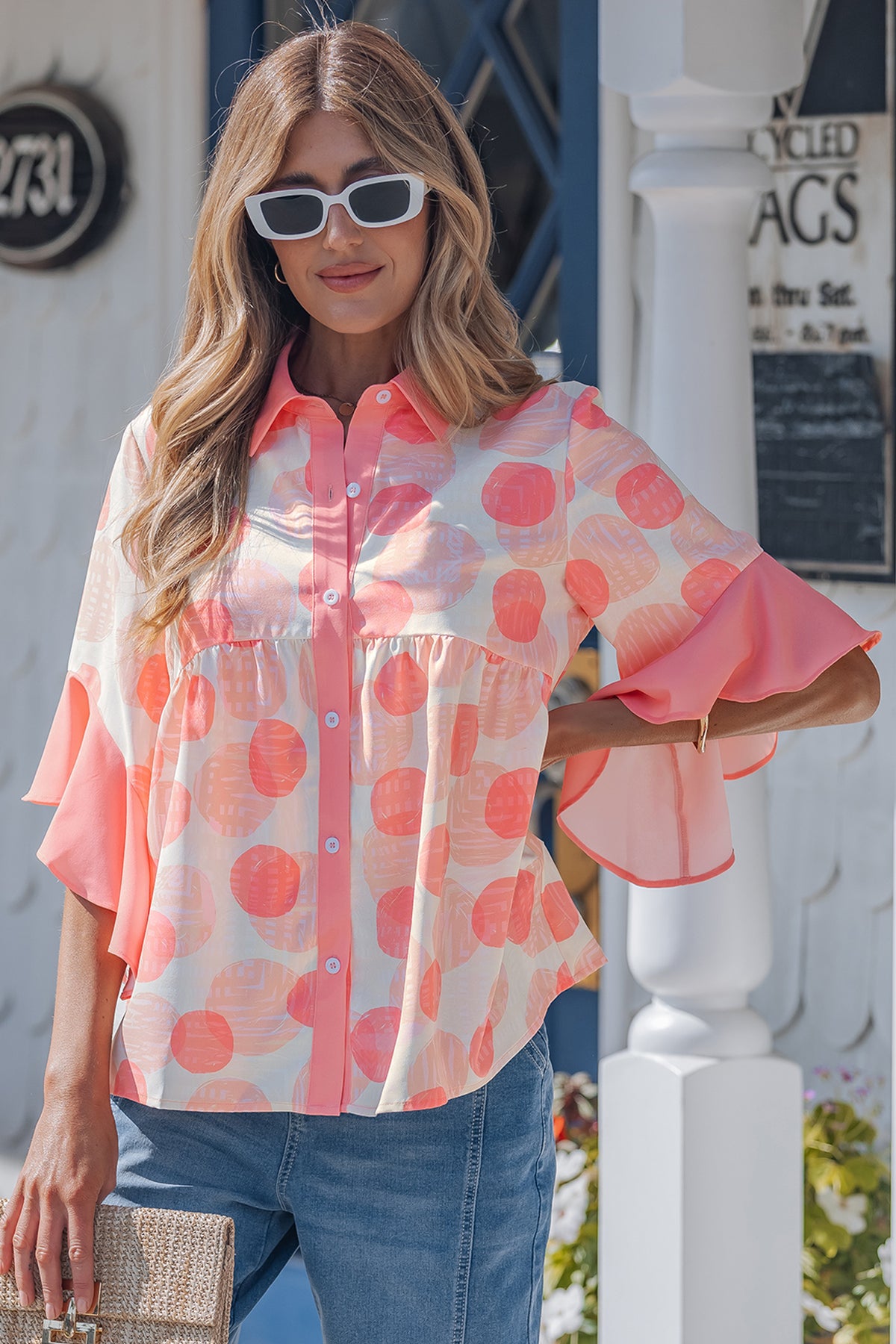 Pink Double Polka Dot Printed Babydoll Shirt