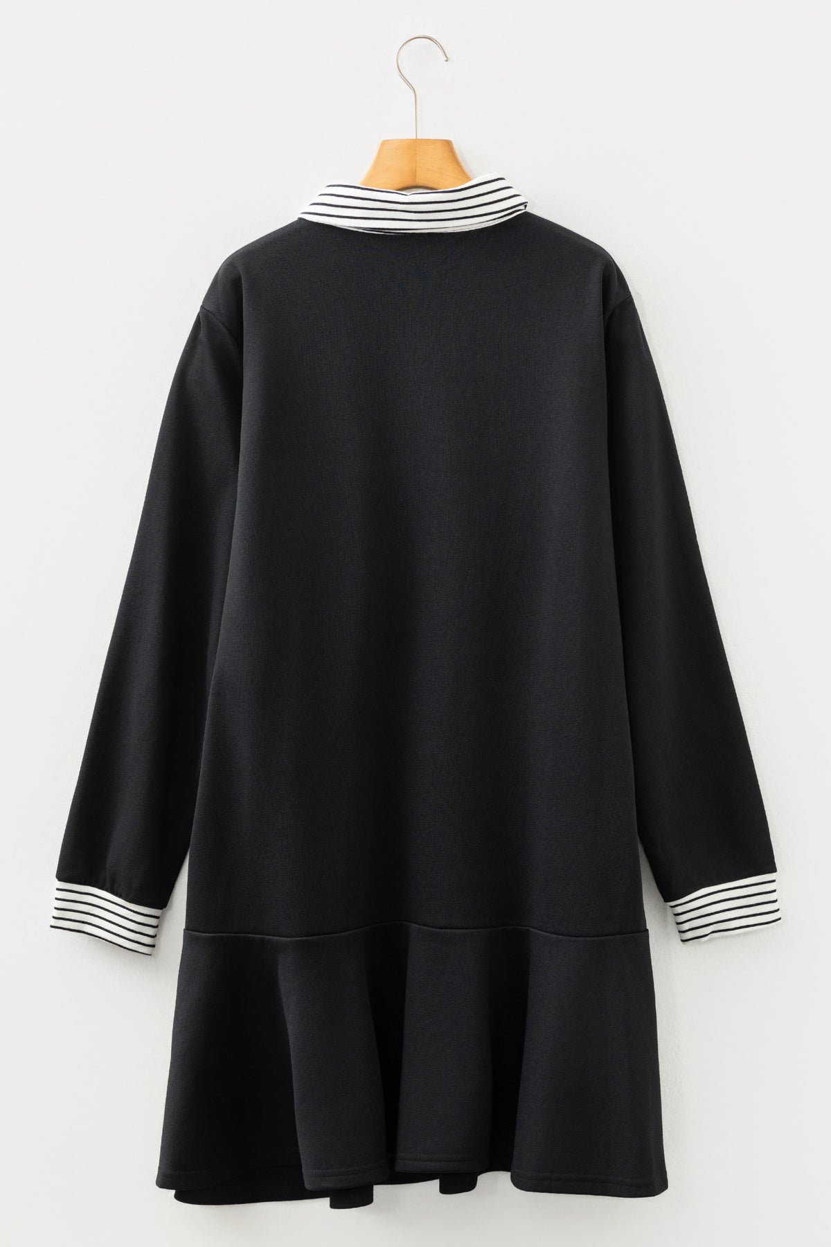 Black Plus Size Striped Long Sleeve Ruffle Hem Dress