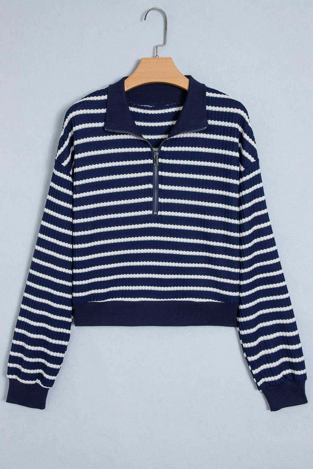 Blue Stripe Textured Knit Half Zip Collared Long Sleeve Top