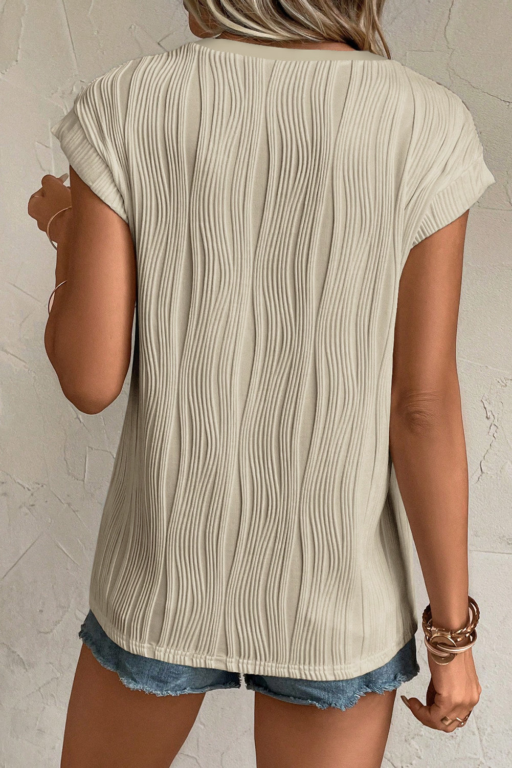 Pink Wavy Textured Button V Neck Tee