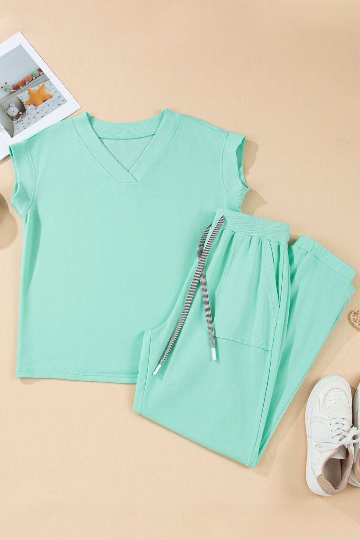 Bonbon Solid Color V Neck Tee Drawstring Pant Set