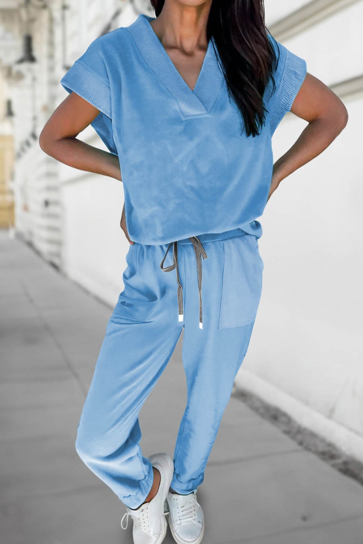 Bonbon Solid Color V Neck Tee Drawstring Pant Set