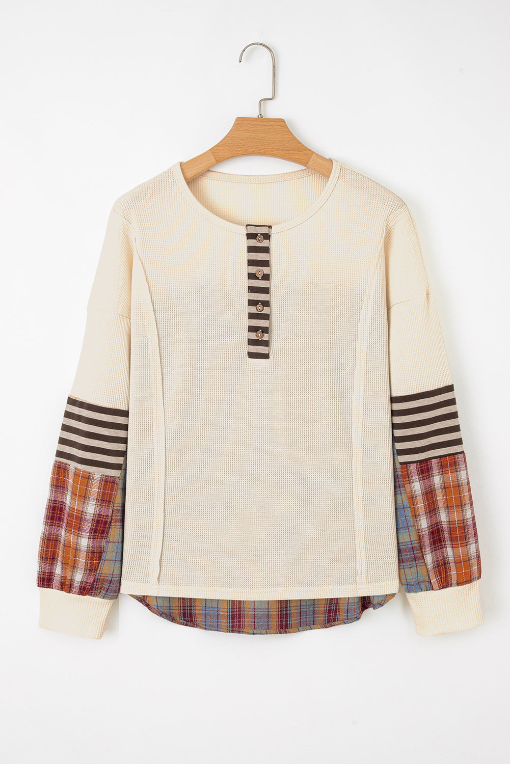 Plaid Patchwork Henley Knit Top