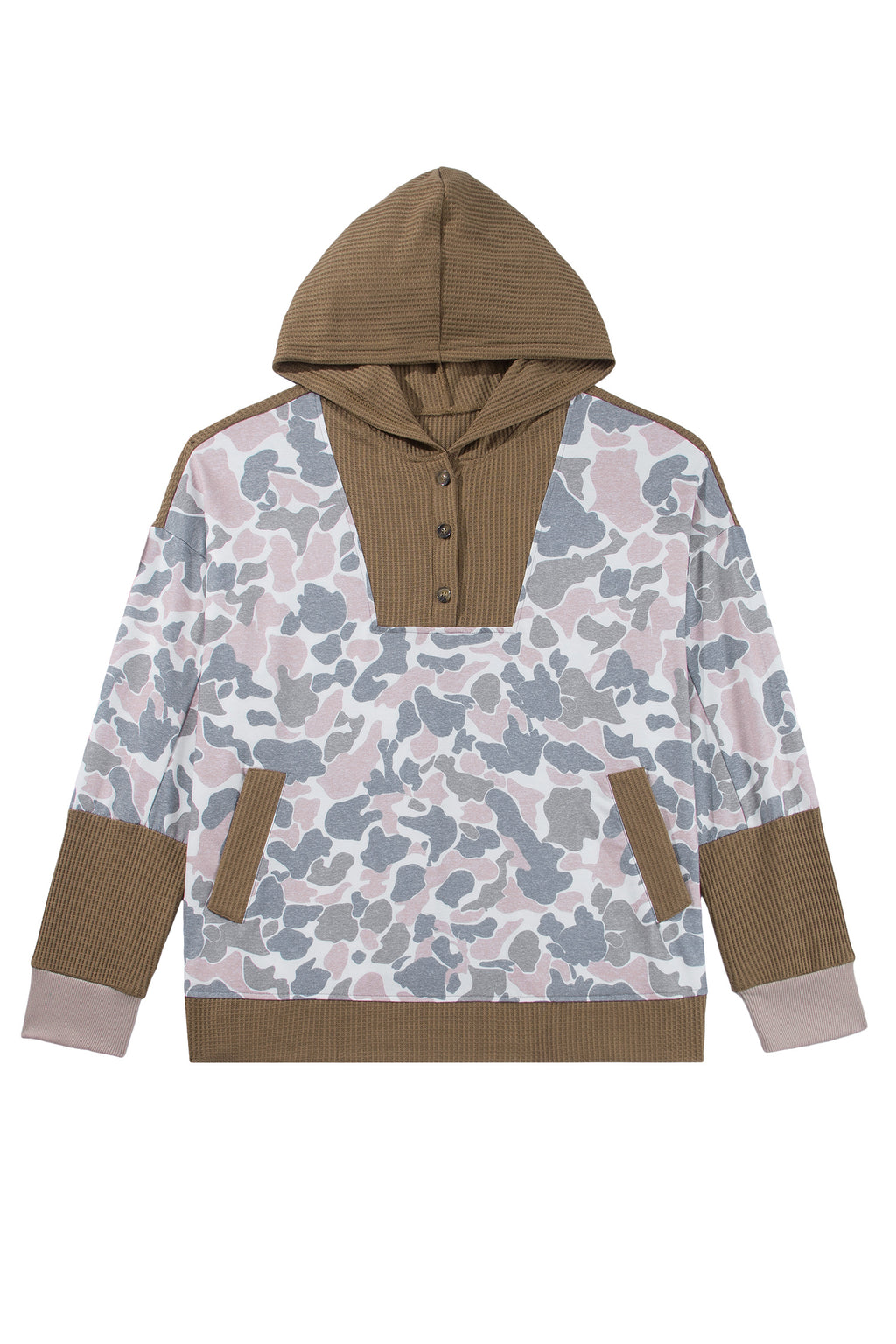 Khaki Camouflage Print Waffle Knit Patchwork Half Zip Plus Size Hoodie