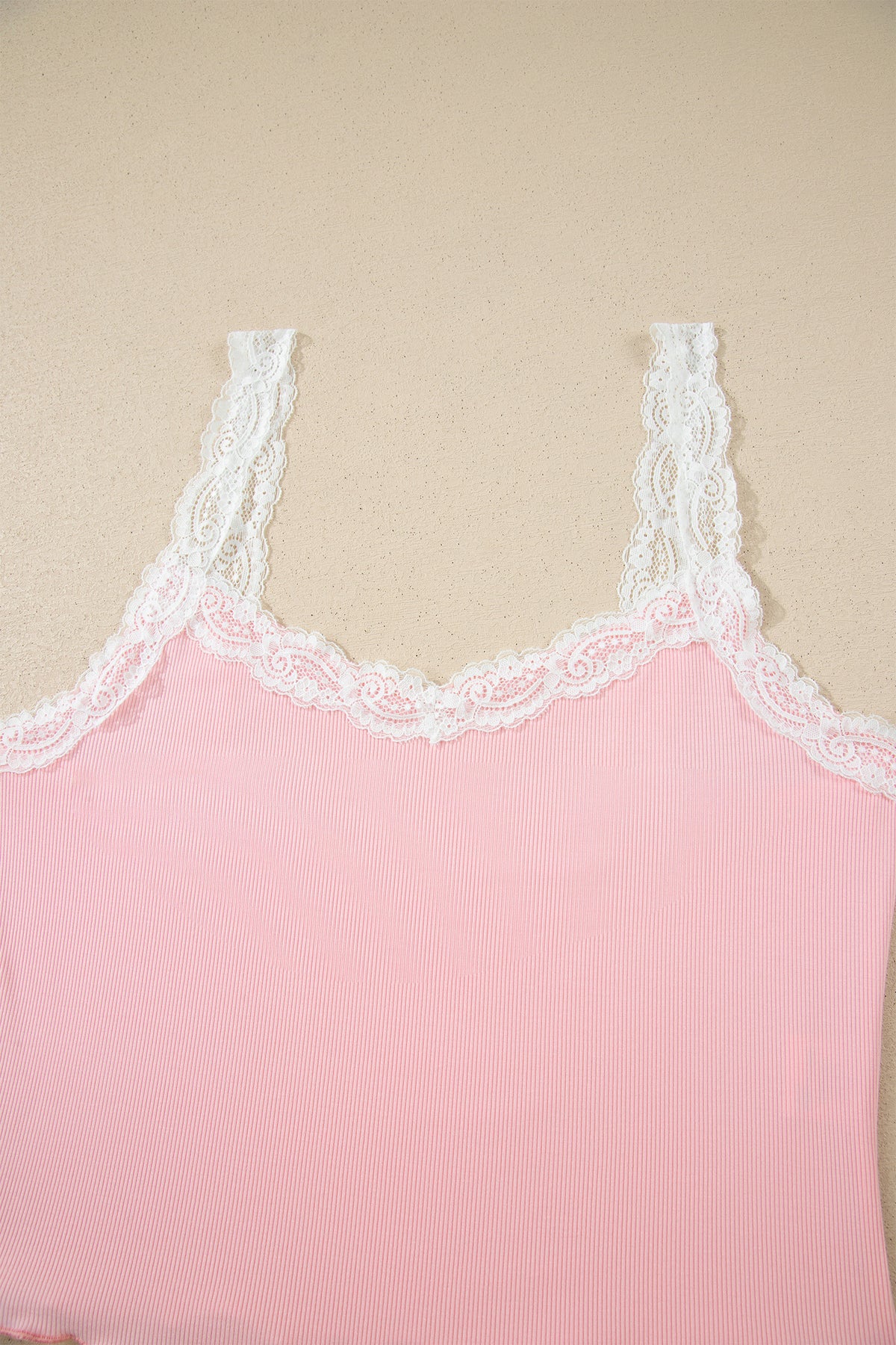 Pink Ribbed Knit Lace Straps Patchwork Lettuce Hem Cropped Top Floral Short Lounge Set