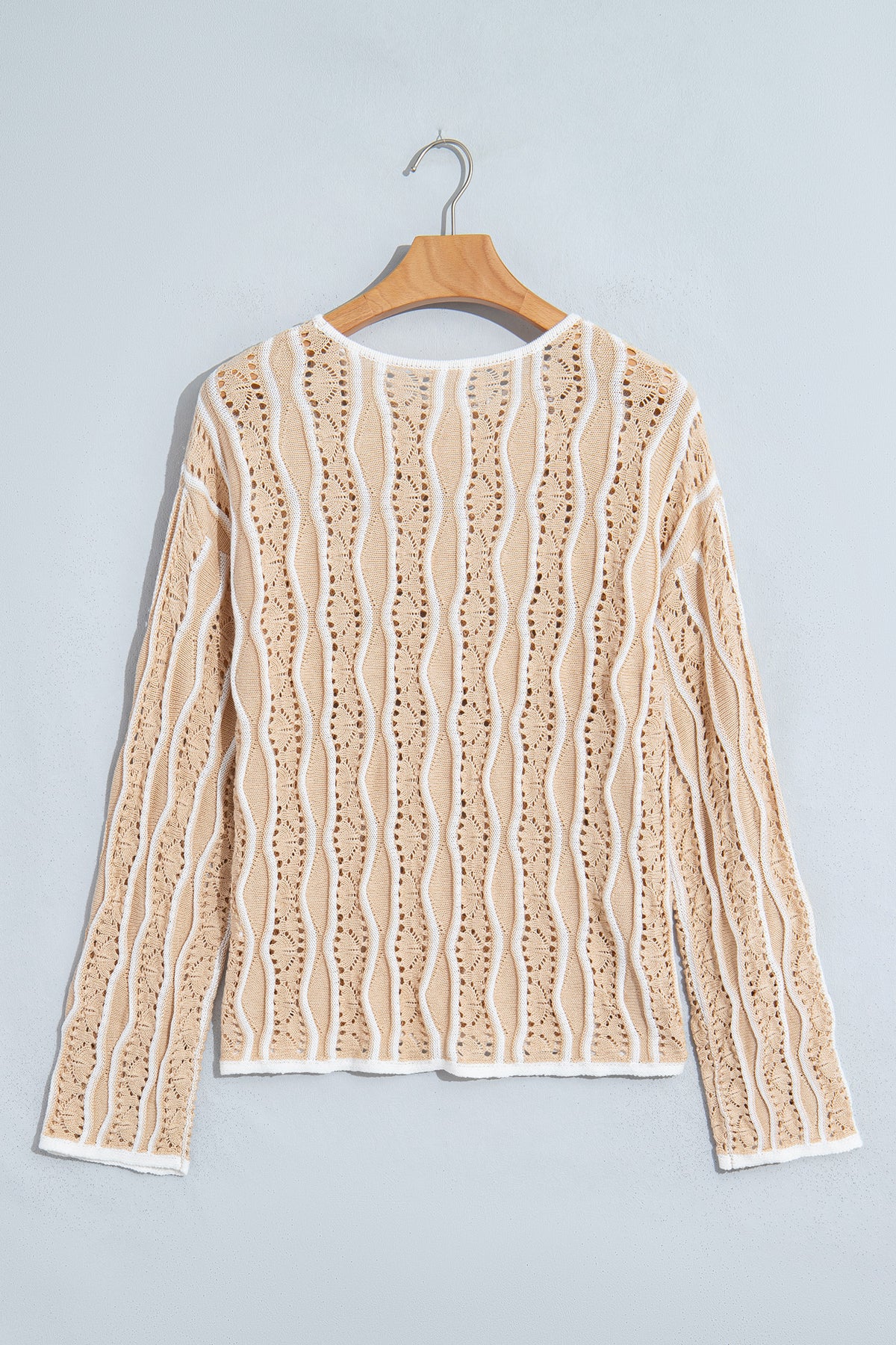 Pink Wavy Detail Hollow Out Knit Long Sleeve Cotton Pullover Sweater