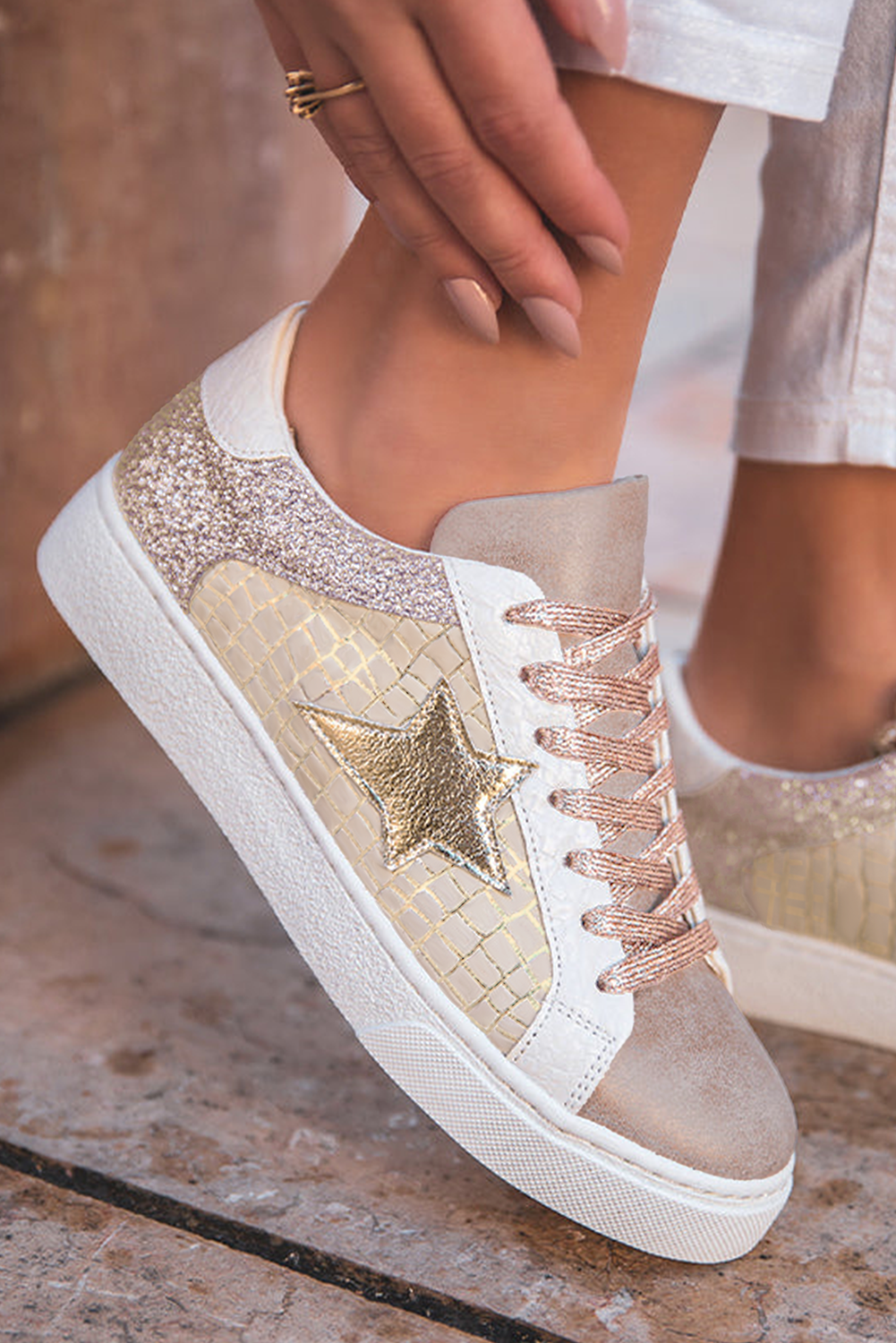 Rose Gold Glitter Star Patchwork PU Leather Lace-up Sneakers