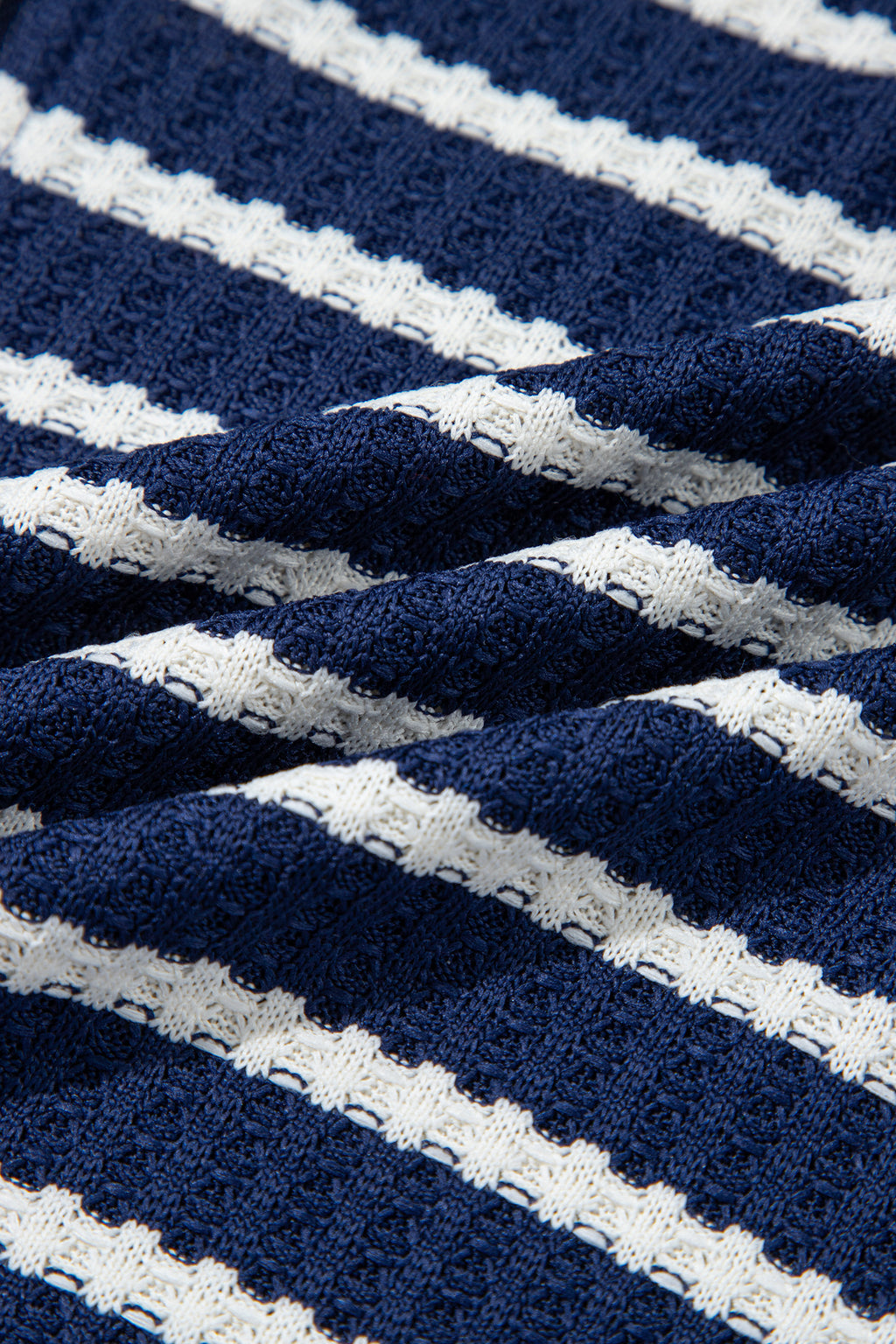 Blue Stripe Textured Knit Half Zip Collared Long Sleeve Top