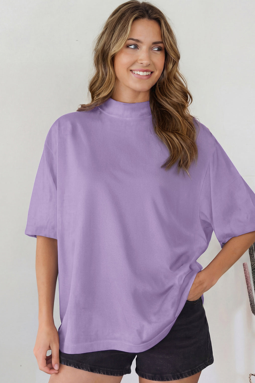 Pink Solid Color High Neck Oversize Tee