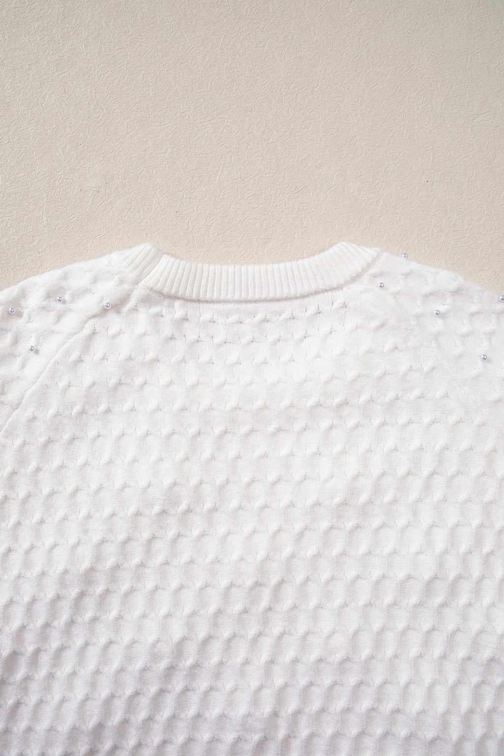 White Solid Textured Knit Pearl Embellished Pullover Sweater