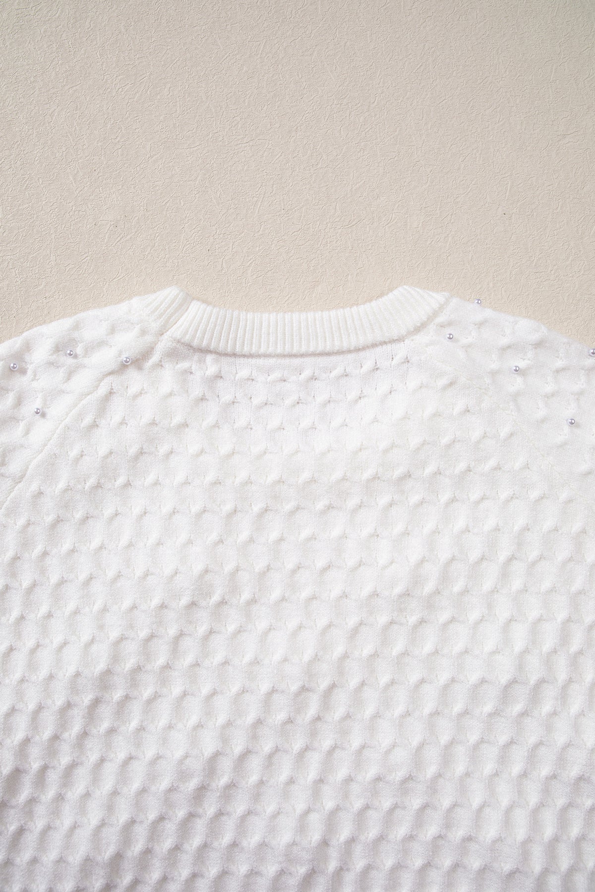 White Solid Textured Knit Pearl Embellished Pullover Sweater