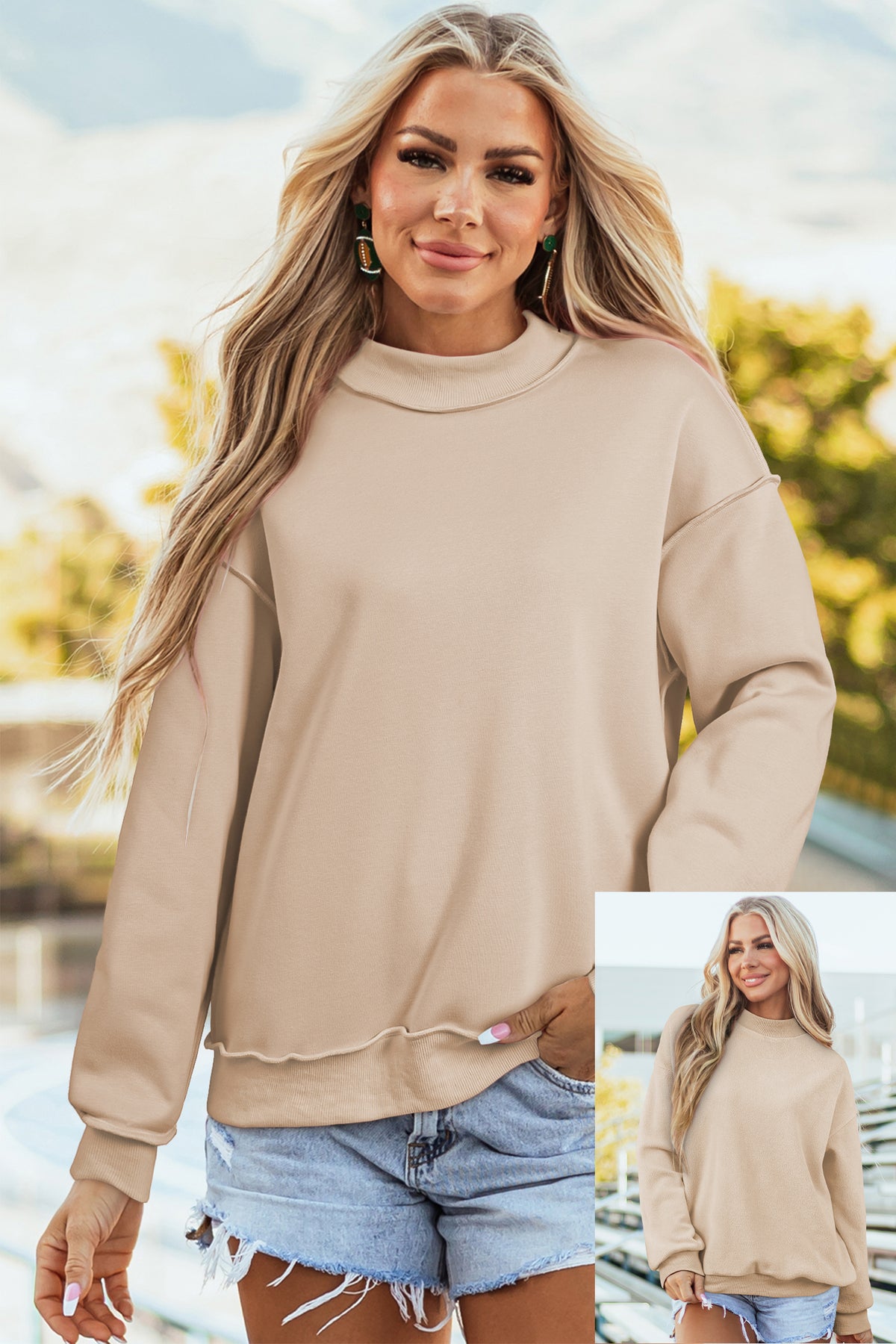 Bright Pink Oversize Drop Shoulder Reversible Mock Neck Sweatshirt