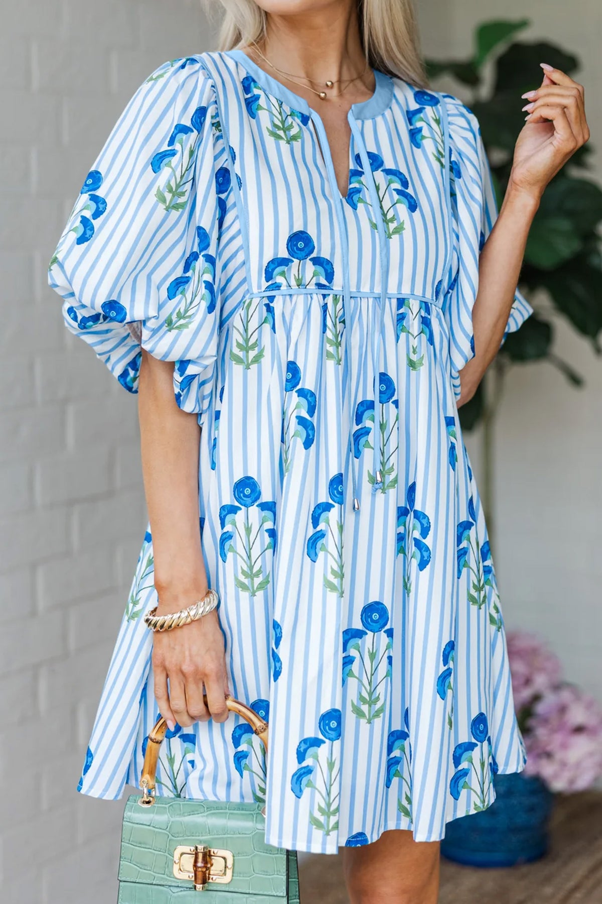 Pink Floral Striped Print Tie Notched Neck Puff Sleeve Flared Mini Dress