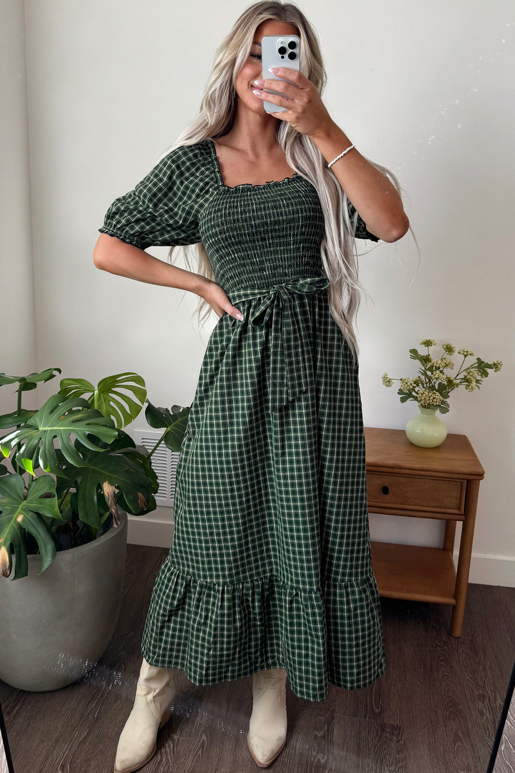 Green Plaid Square Neck Shirred High Waist Ruffle Hem Dress