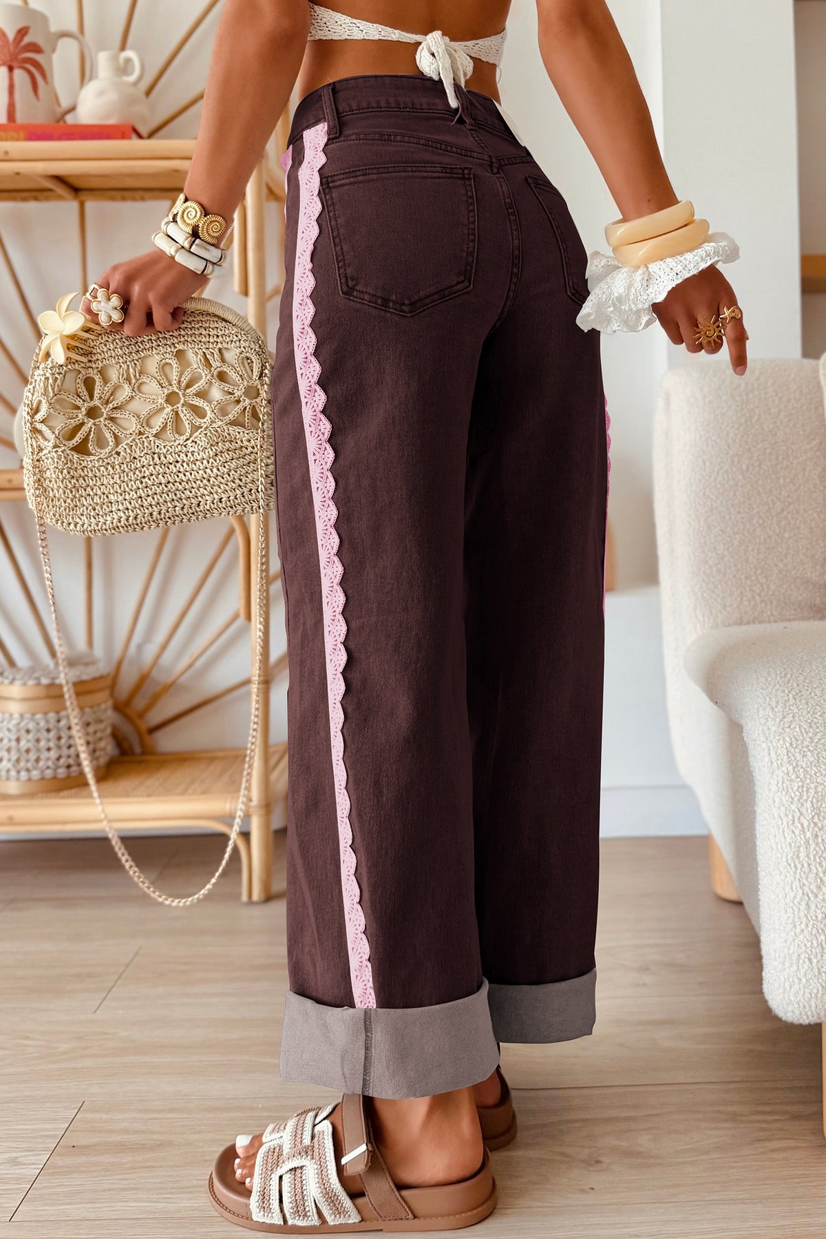 Beau Blue Lace Trim Casual Full-Length Regular Fit Jeans