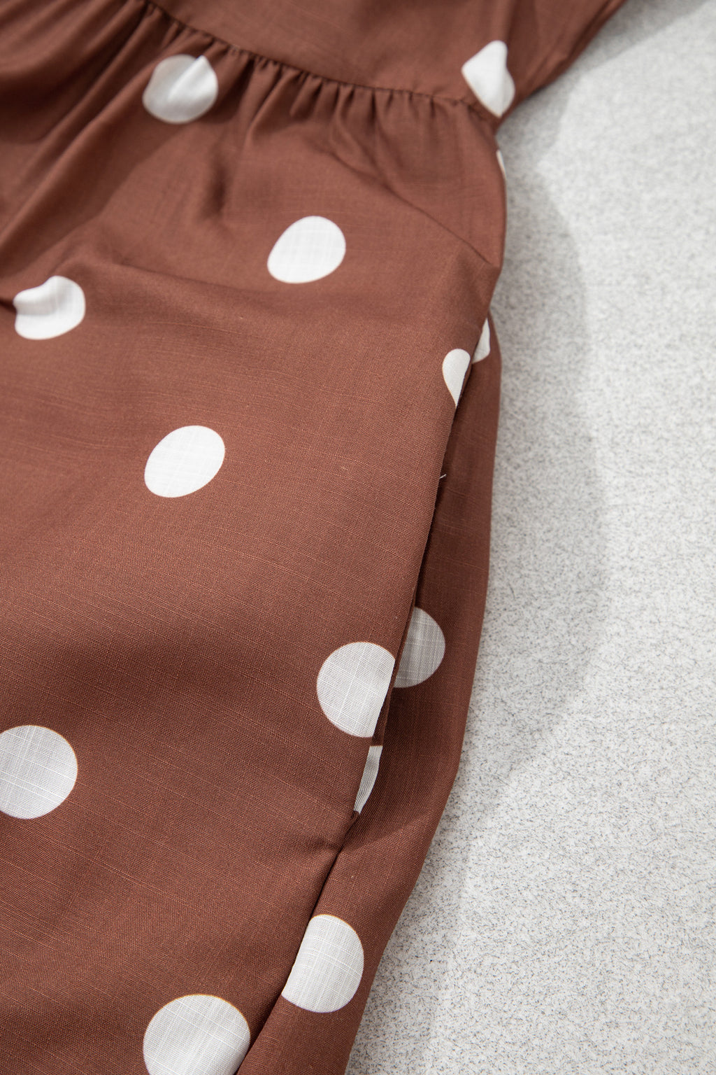 Brown Polka Dot V Neck Abdomen Pocket Gathered Cuffs Long Sleeve Shift Plus Size Dress