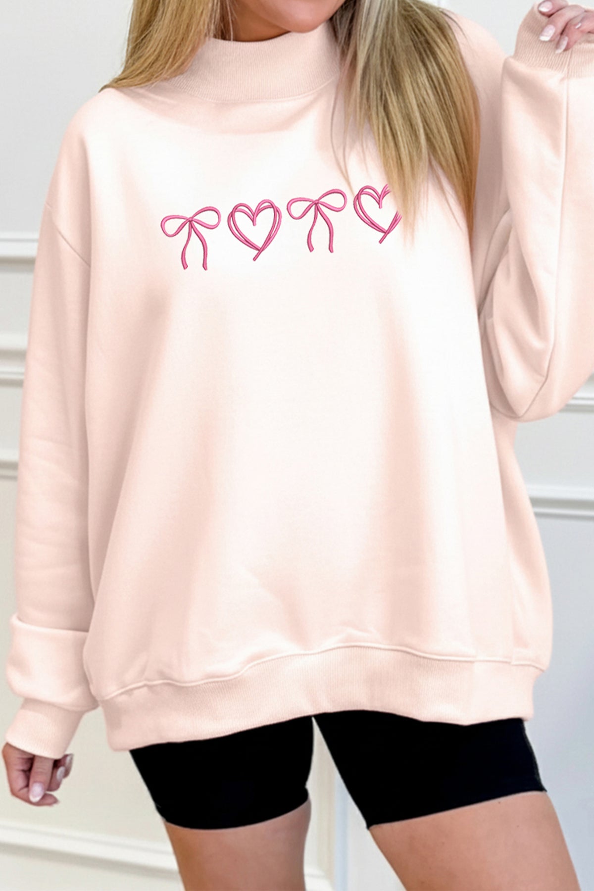 Apricot Pink Valentines Bow Heart Embroidered Sweatshirt