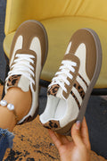 Coffee Color Block Leopard Patchwork Lace-up Flat Shoes