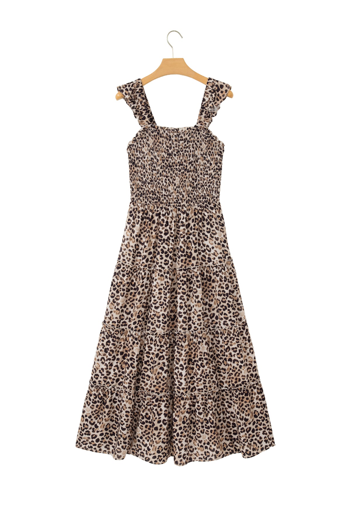 Brown Ruffled Straps Smocked Tiered Leopard Maxi Dress