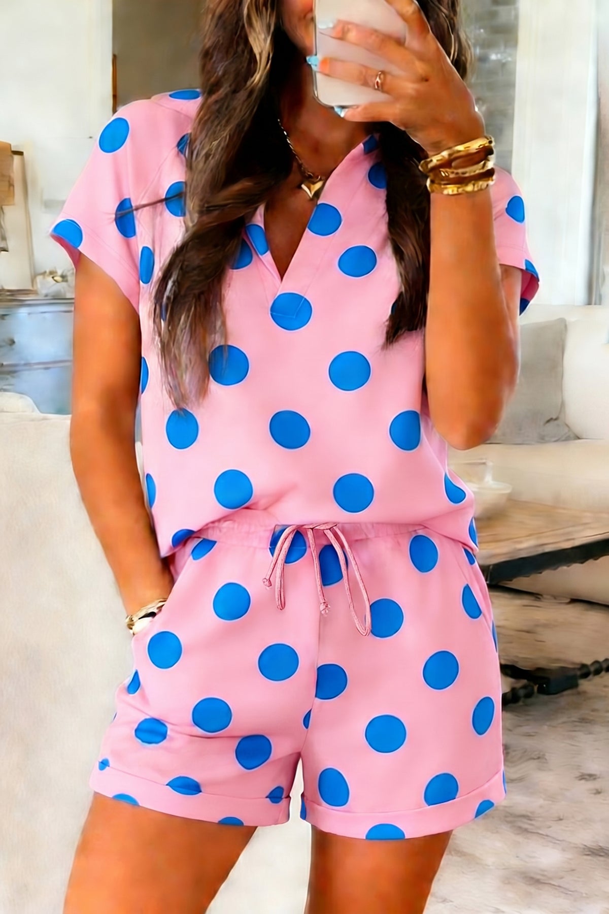 Beige Polka Dot Print V Neck Tee Short Set