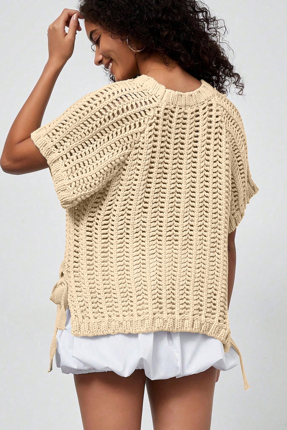 White Plus Size Open Knit Bow Tie Short Sleeve Sweater
