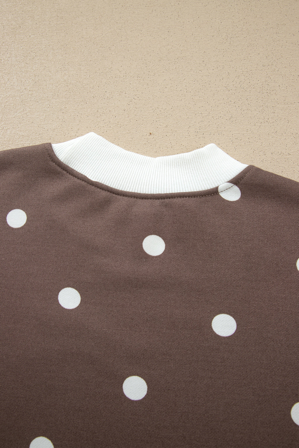Brown Polka Dot Ribbed Trim Long Sleeve Top Casual Short Set