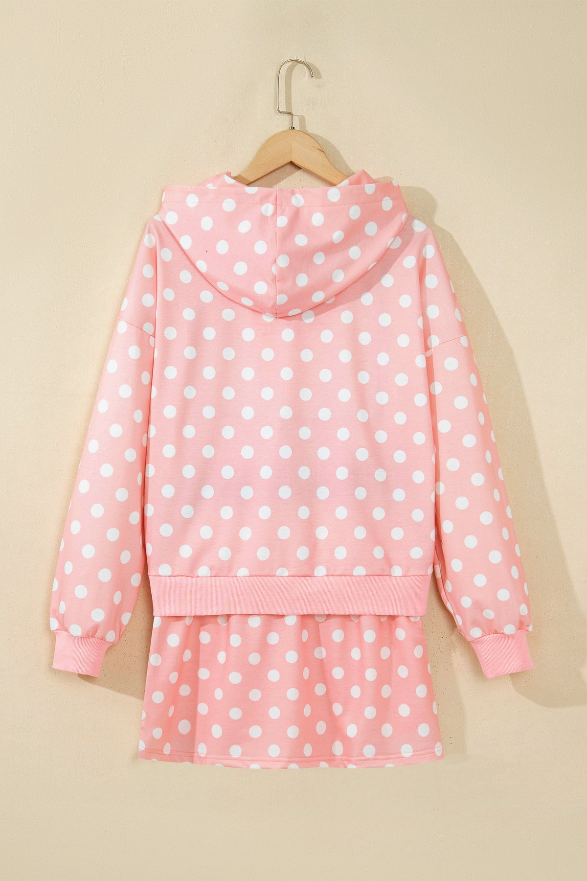 Pink Polka Dot Hooded Long Sleeve Top Casual Mini Skort Set