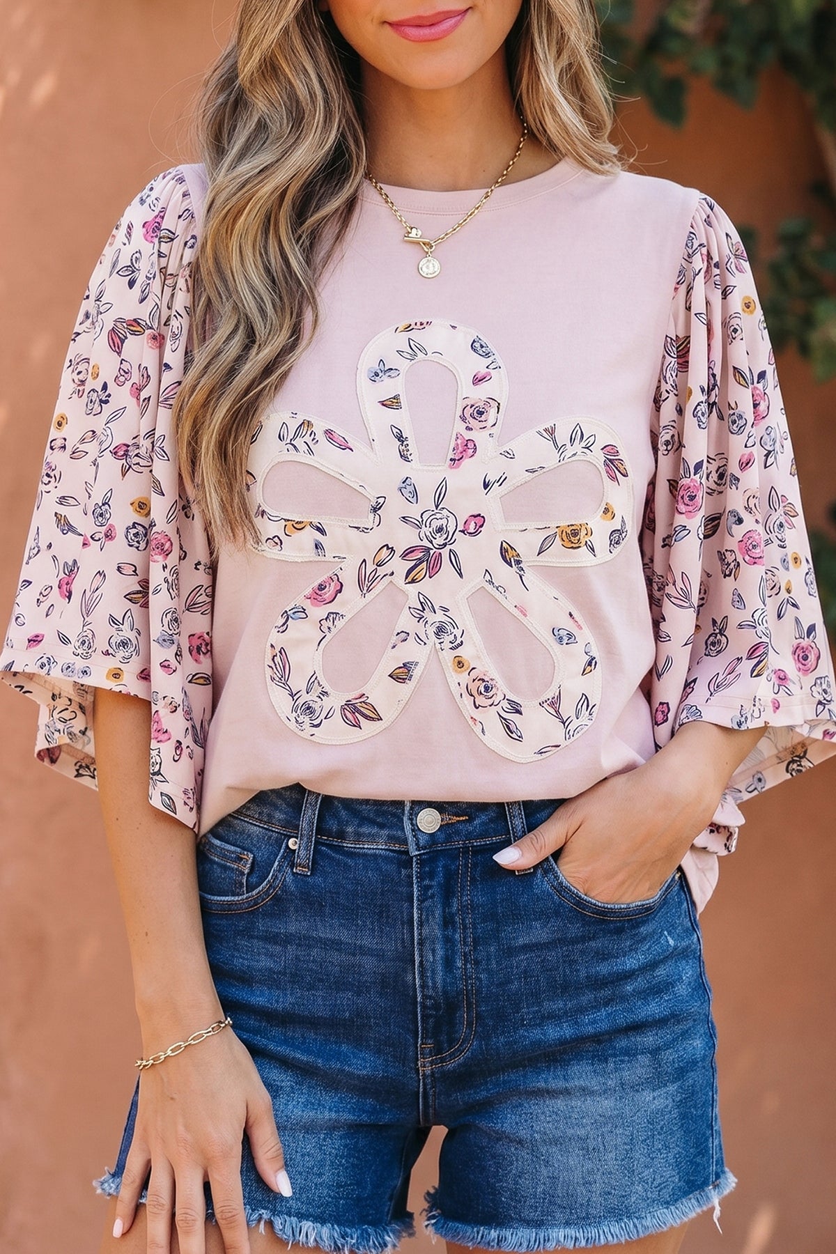 Pink Contrast Floral Half Sleeve Blouse