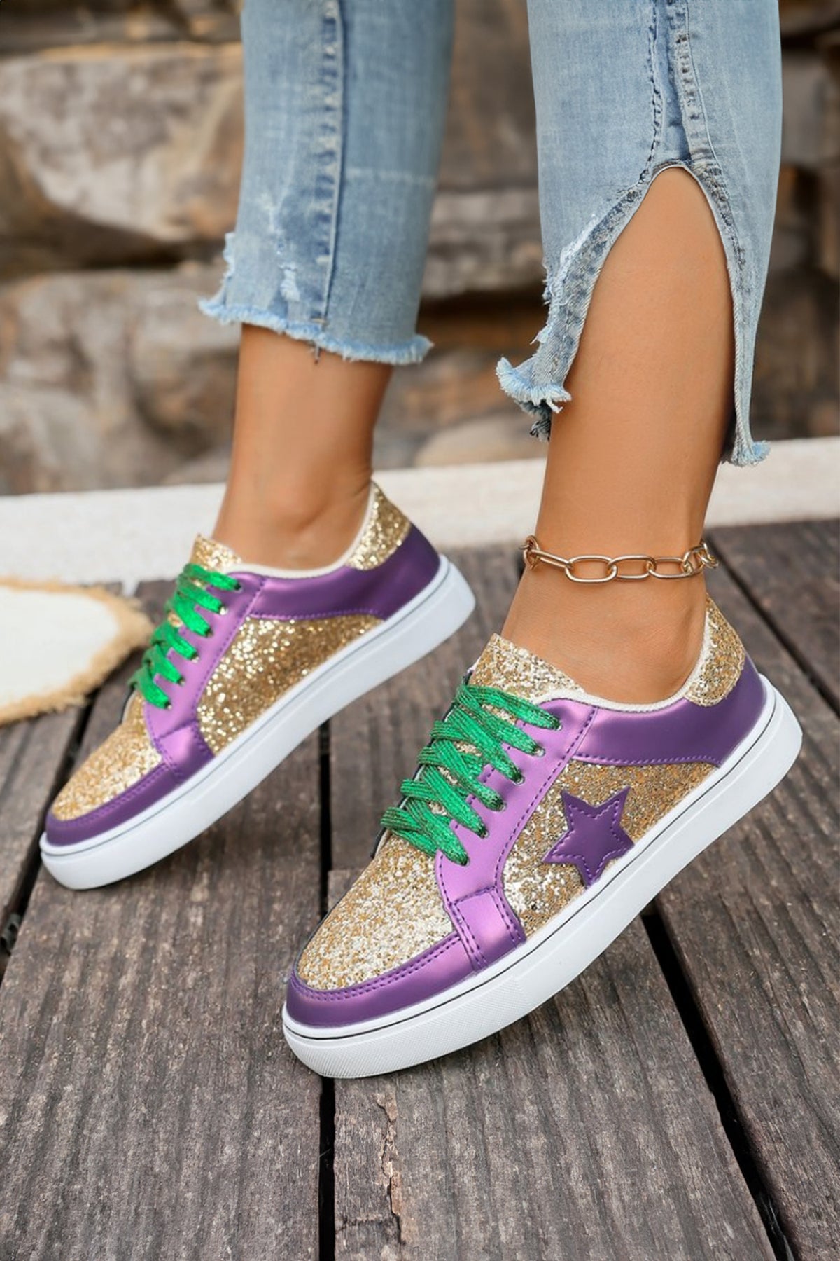 Rose Gold Glitter Star Patchwork PU Leather Lace-up Sneakers