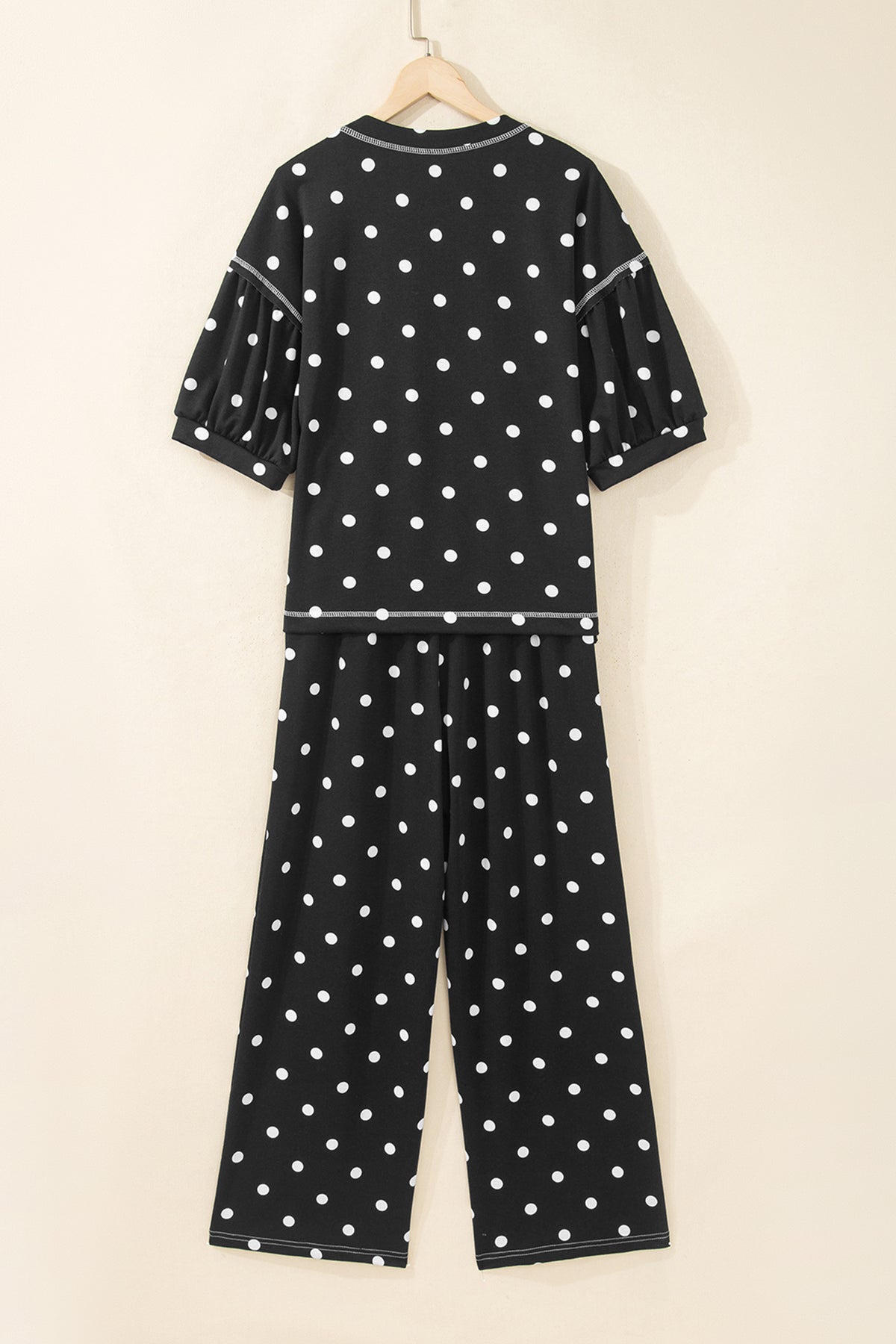 Black Polka Dot Half Sleeve Loose Top Elastic Waist Casual Pants Set