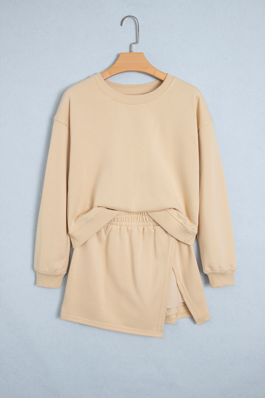 Dirty blue Solid Color Long Sleeve Top Split Skort 2pcs Outfit