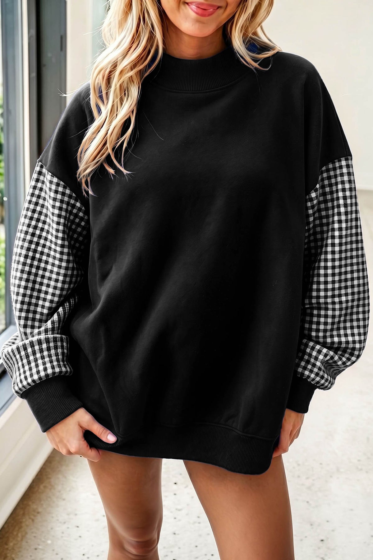 Russet Orange Plaid Sleeve Colorblock Loose Tunic Sweatshirt